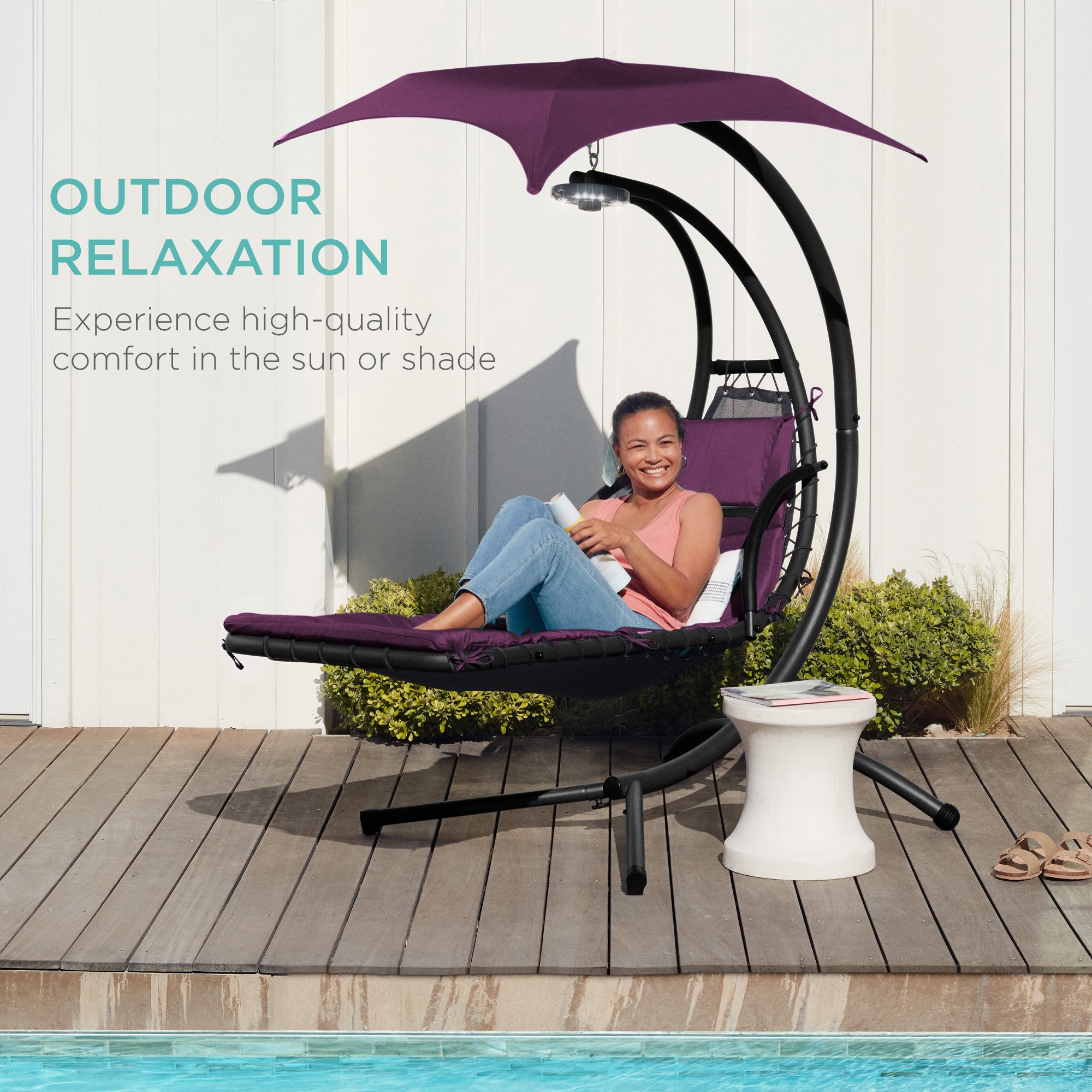 Hanging LED-Lit Curved Chaise Lounge Chair w/ Pillow, Canopy, Stand