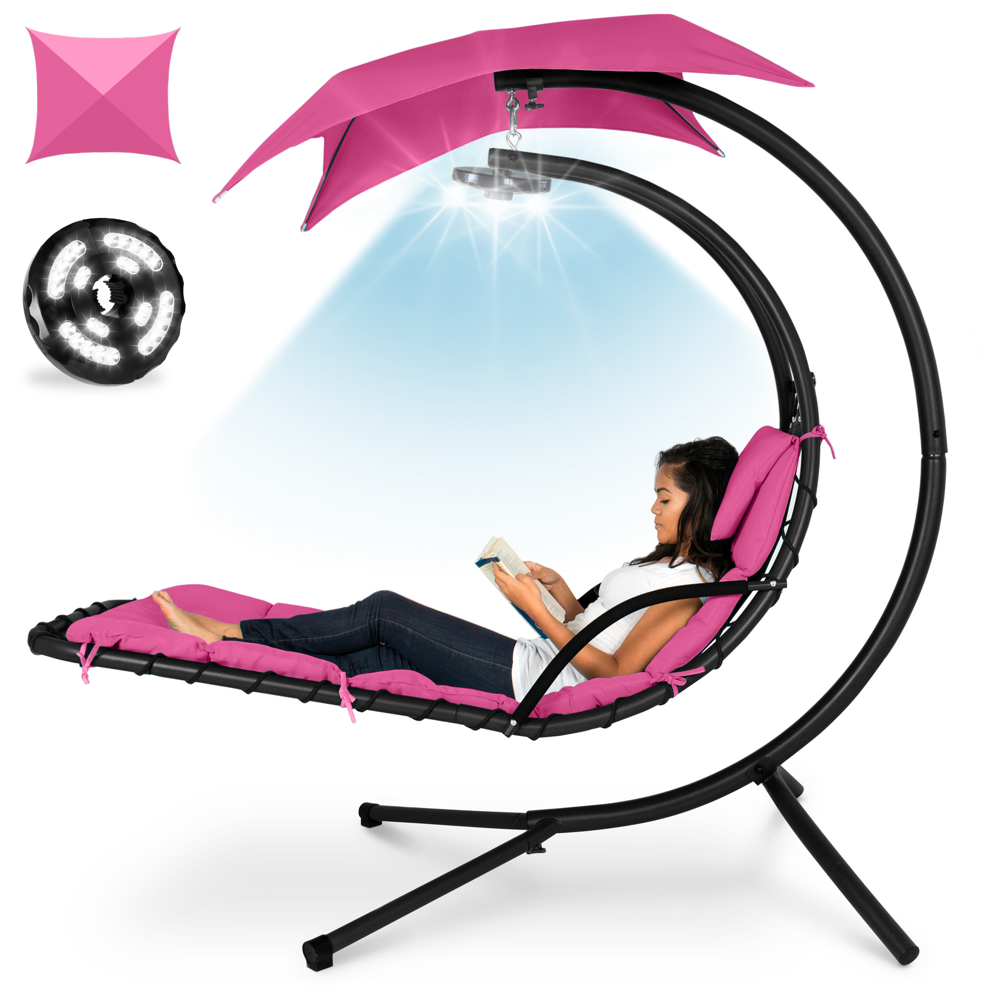 Hanging LED-Lit Curved Chaise Lounge Chair w/ Pillow, Canopy, Stand