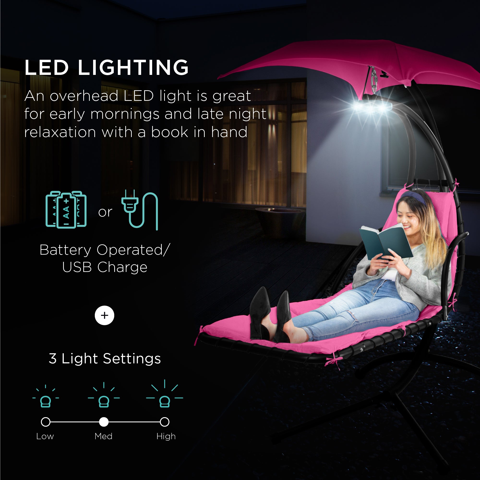 Hanging LED-Lit Curved Chaise Lounge Chair w/ Pillow, Canopy, Stand