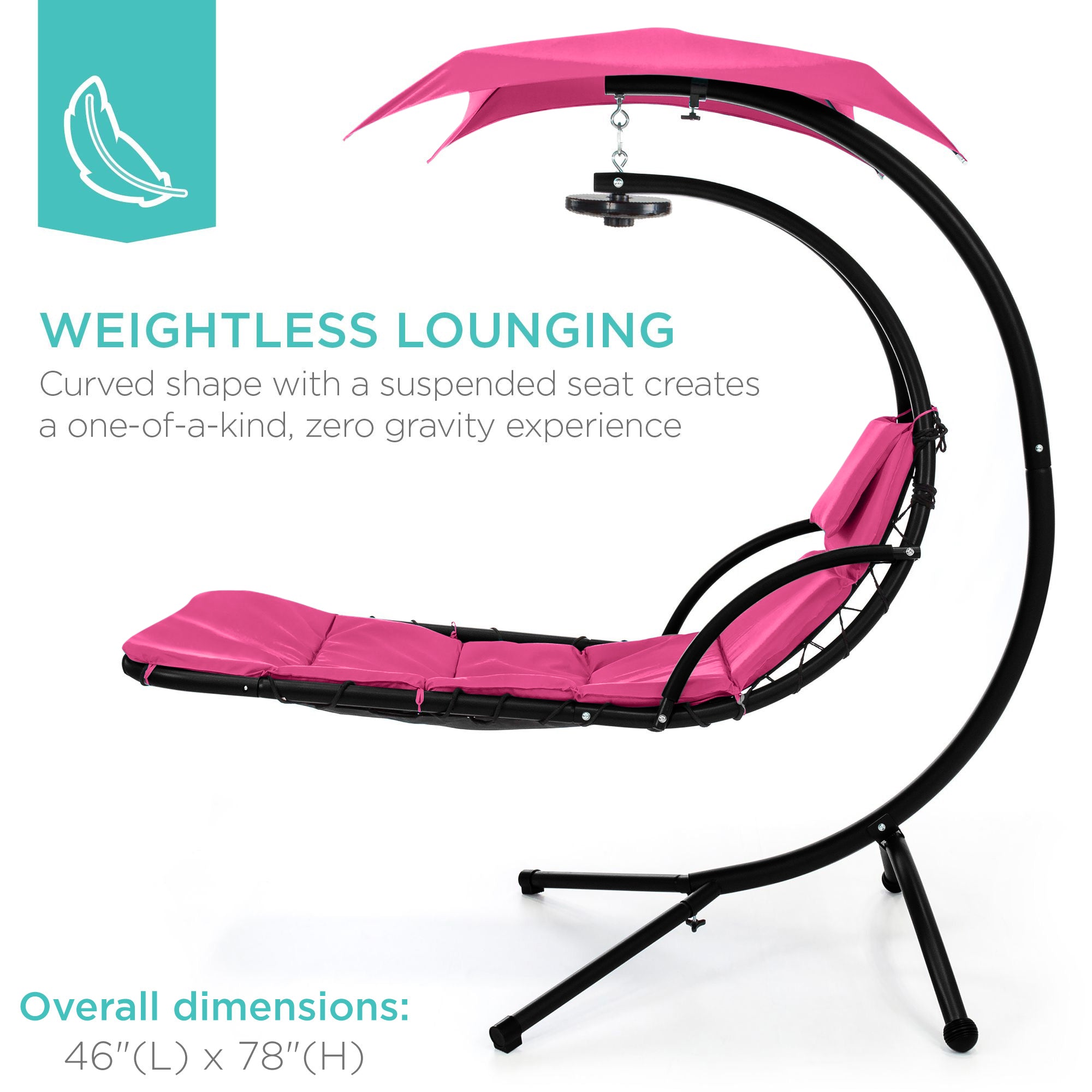 Hanging LED-Lit Curved Chaise Lounge Chair w/ Pillow, Canopy, Stand