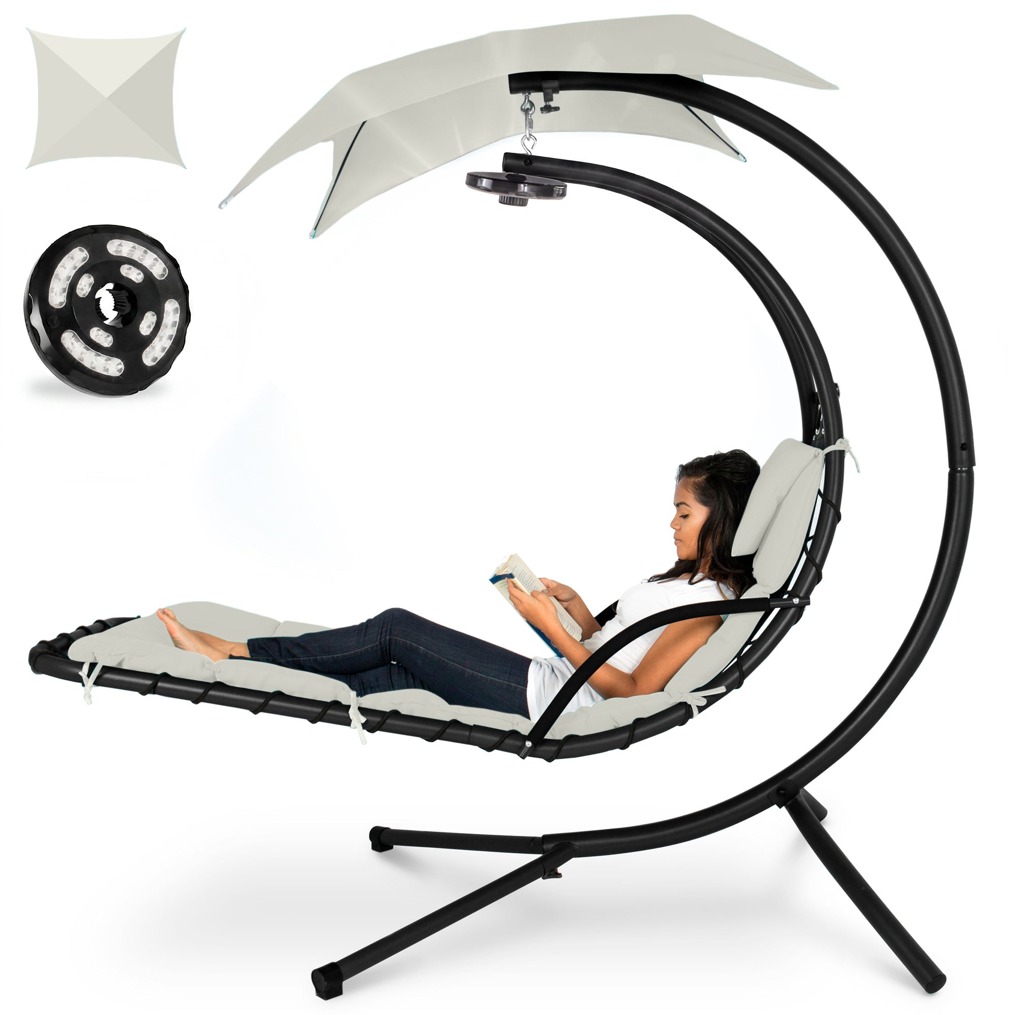 Hanging LED-Lit Curved Chaise Lounge Chair w/ Pillow, Canopy, Stand