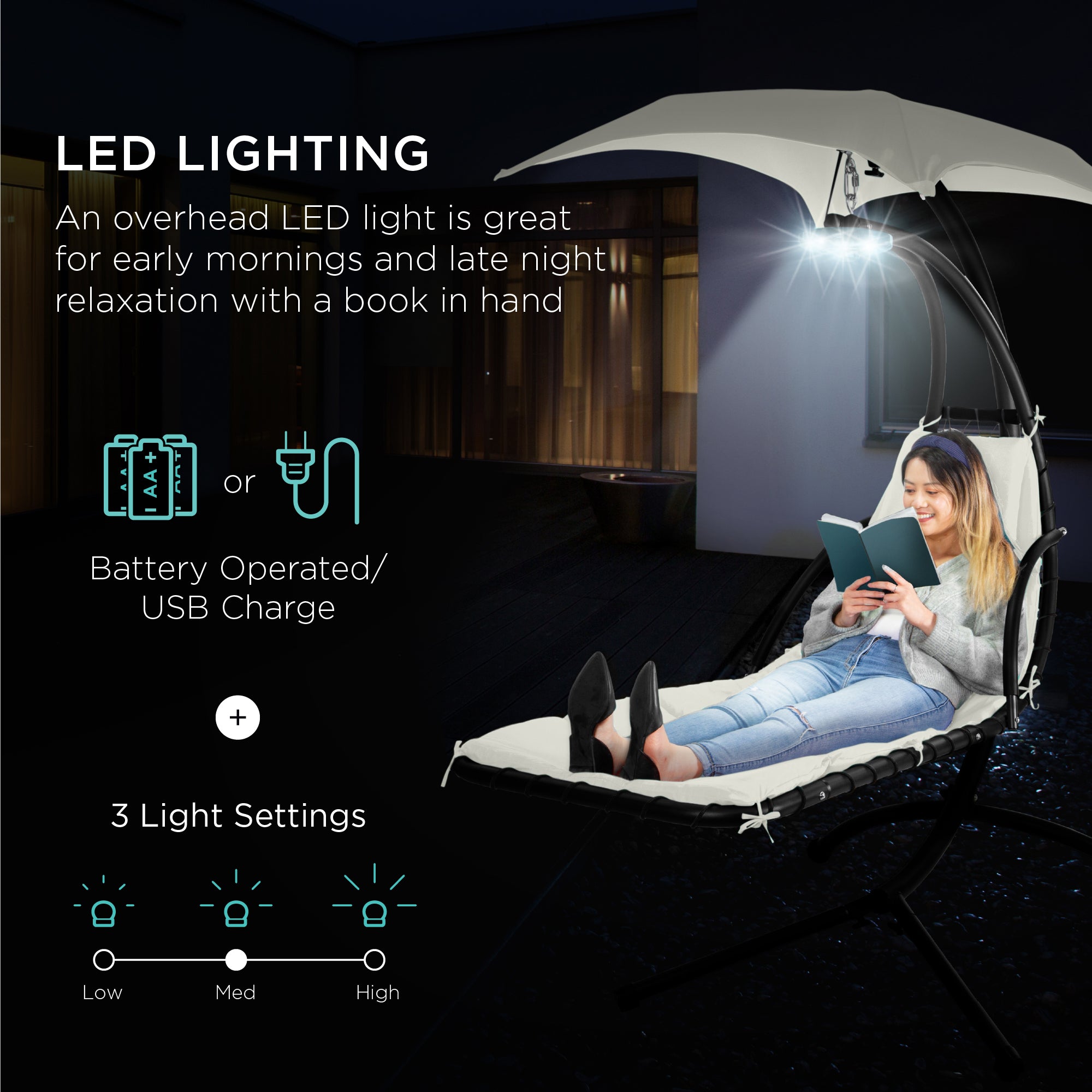 Hanging LED-Lit Curved Chaise Lounge Chair w/ Pillow, Canopy, Stand