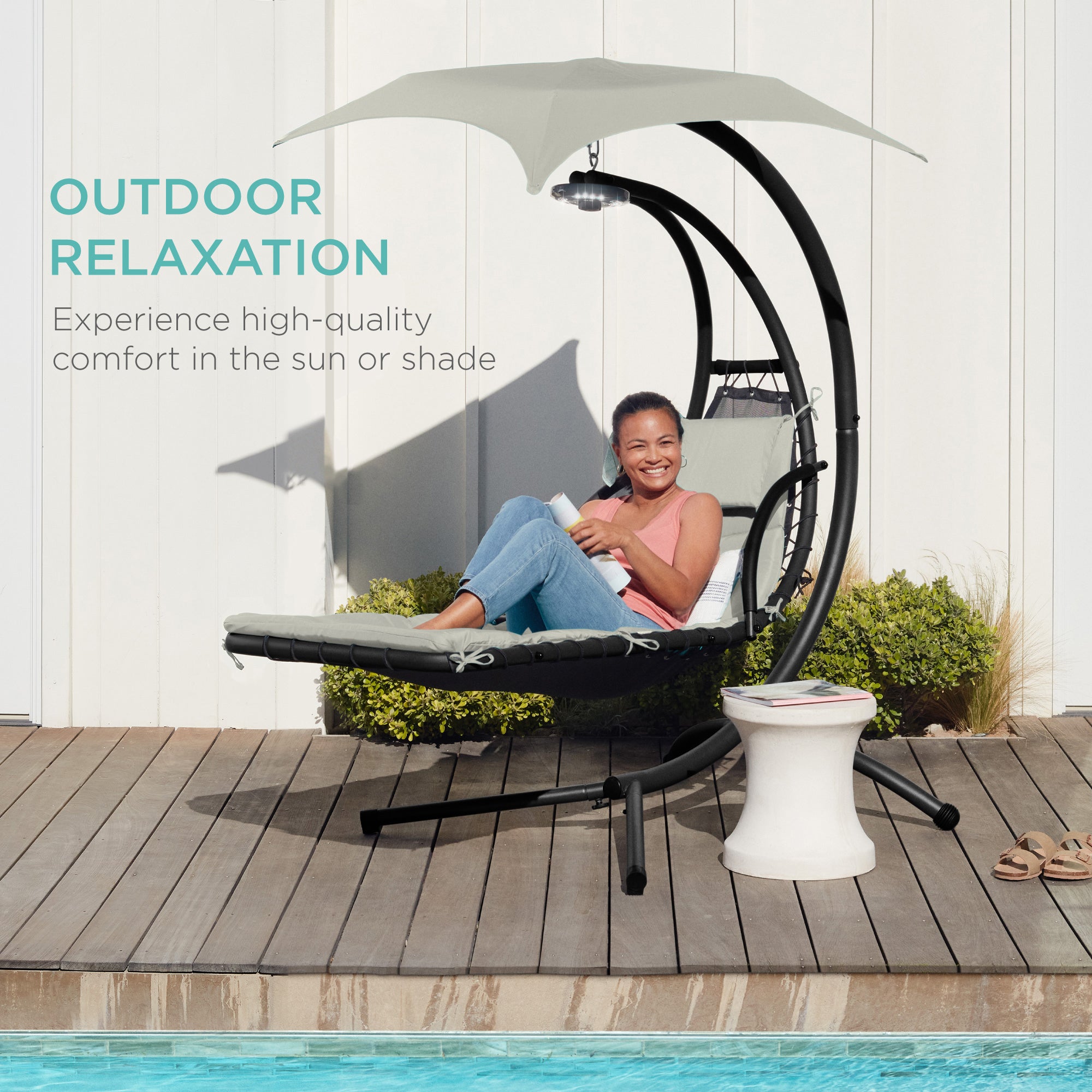 Hanging LED-Lit Curved Chaise Lounge Chair w/ Pillow, Canopy, Stand