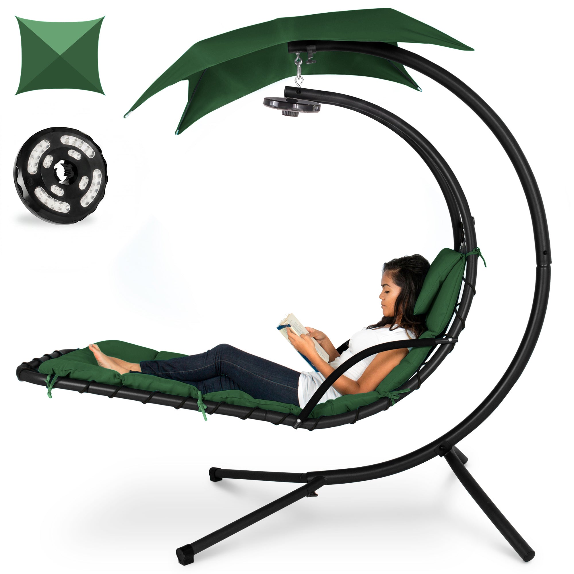Hanging LED-Lit Curved Chaise Lounge Chair w/ Pillow, Canopy, Stand