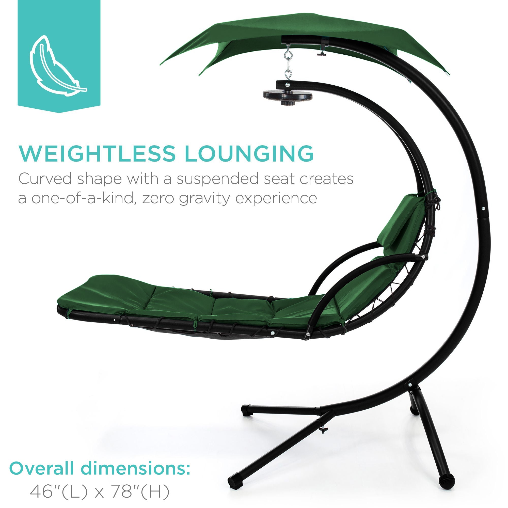 Hanging LED-Lit Curved Chaise Lounge Chair w/ Pillow, Canopy, Stand