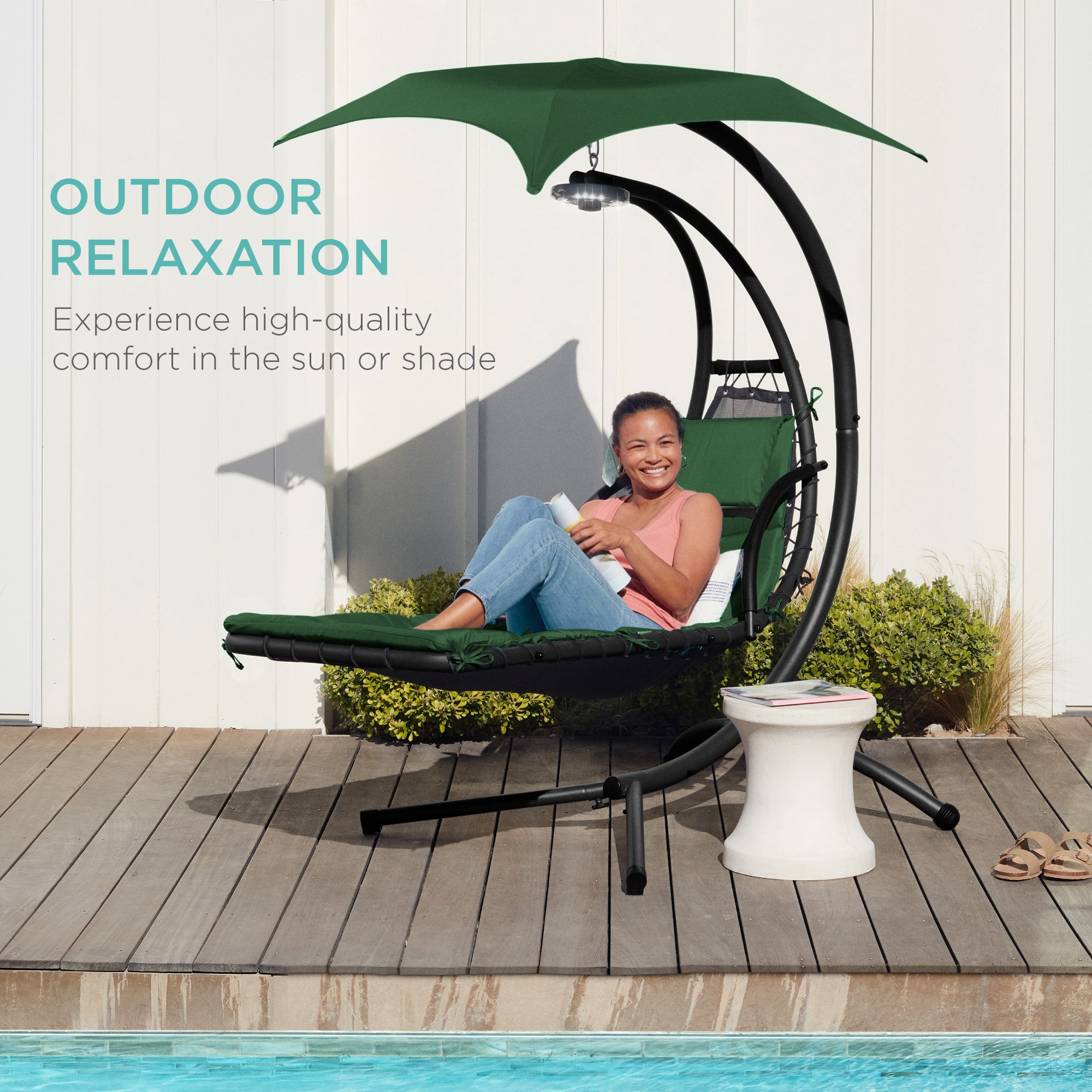 Hanging LED-Lit Curved Chaise Lounge Chair w/ Pillow, Canopy, Stand
