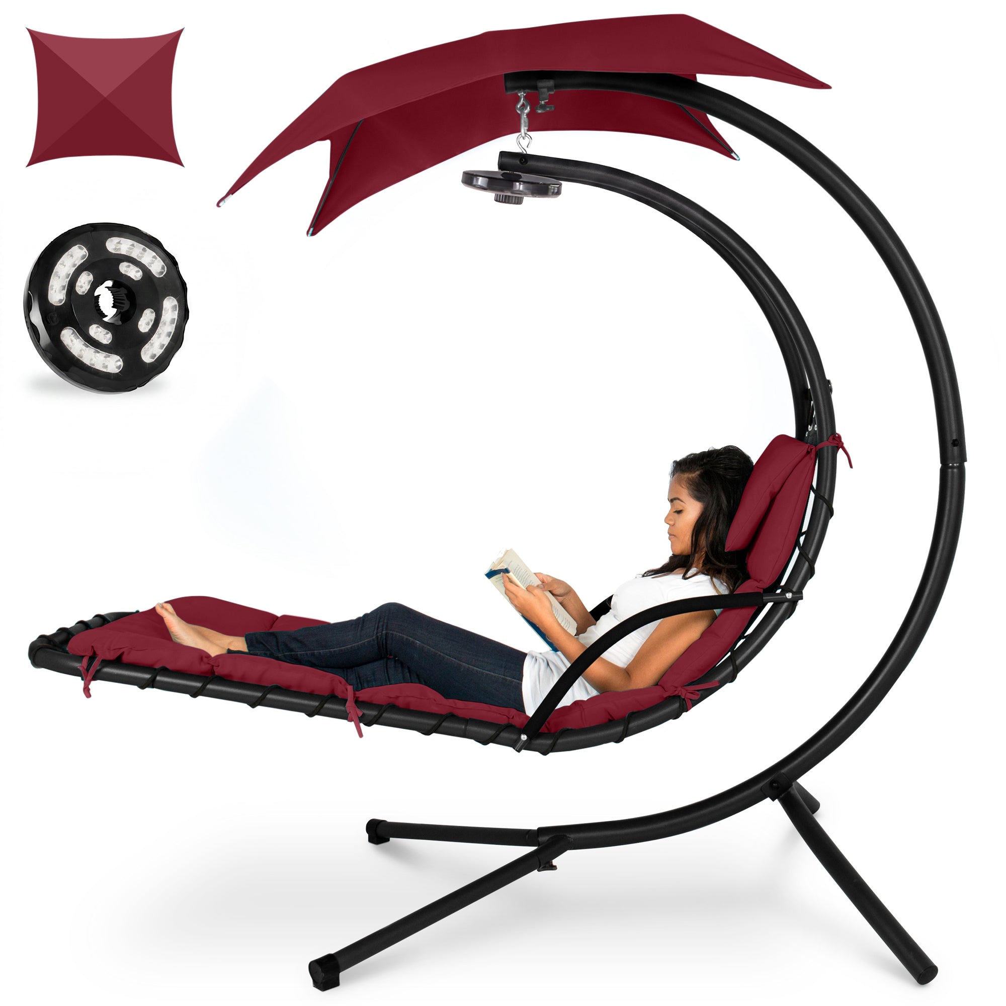 Hanging LED-Lit Curved Chaise Lounge Chair w/ Pillow, Canopy, Stand