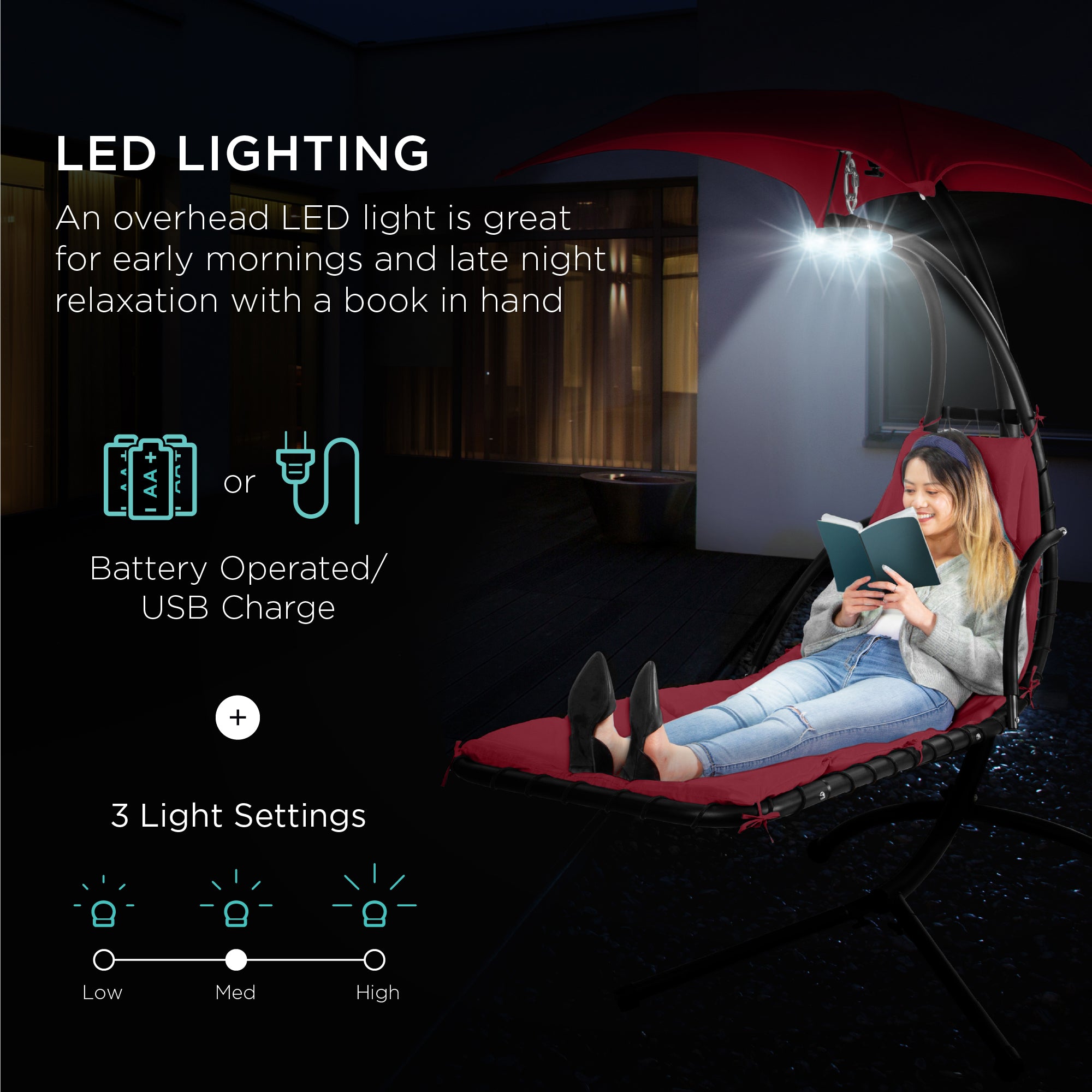 Hanging LED-Lit Curved Chaise Lounge Chair w/ Pillow, Canopy, Stand