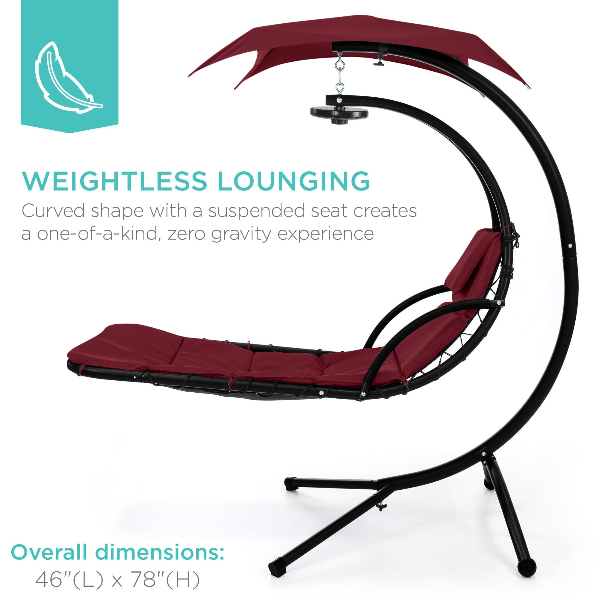 Hanging LED-Lit Curved Chaise Lounge Chair w/ Pillow, Canopy, Stand