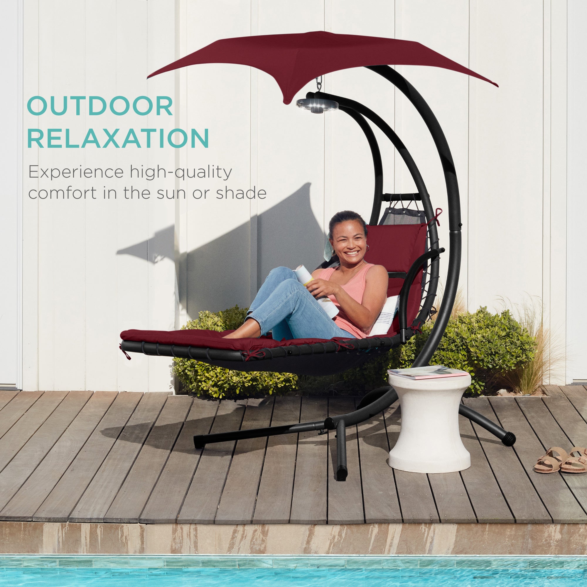 Hanging LED-Lit Curved Chaise Lounge Chair w/ Pillow, Canopy, Stand