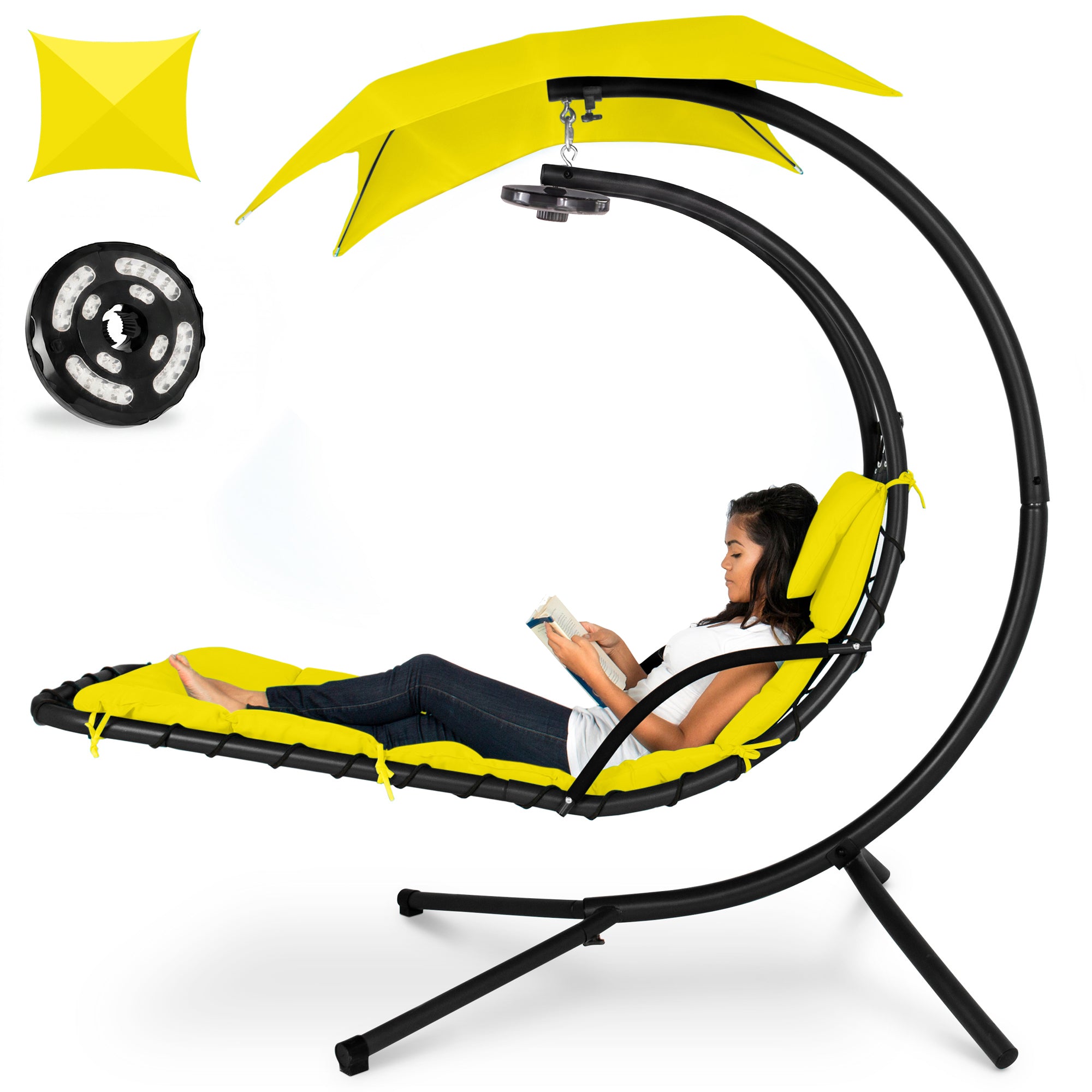 Hanging LED-Lit Curved Chaise Lounge Chair w/ Pillow, Canopy, Stand
