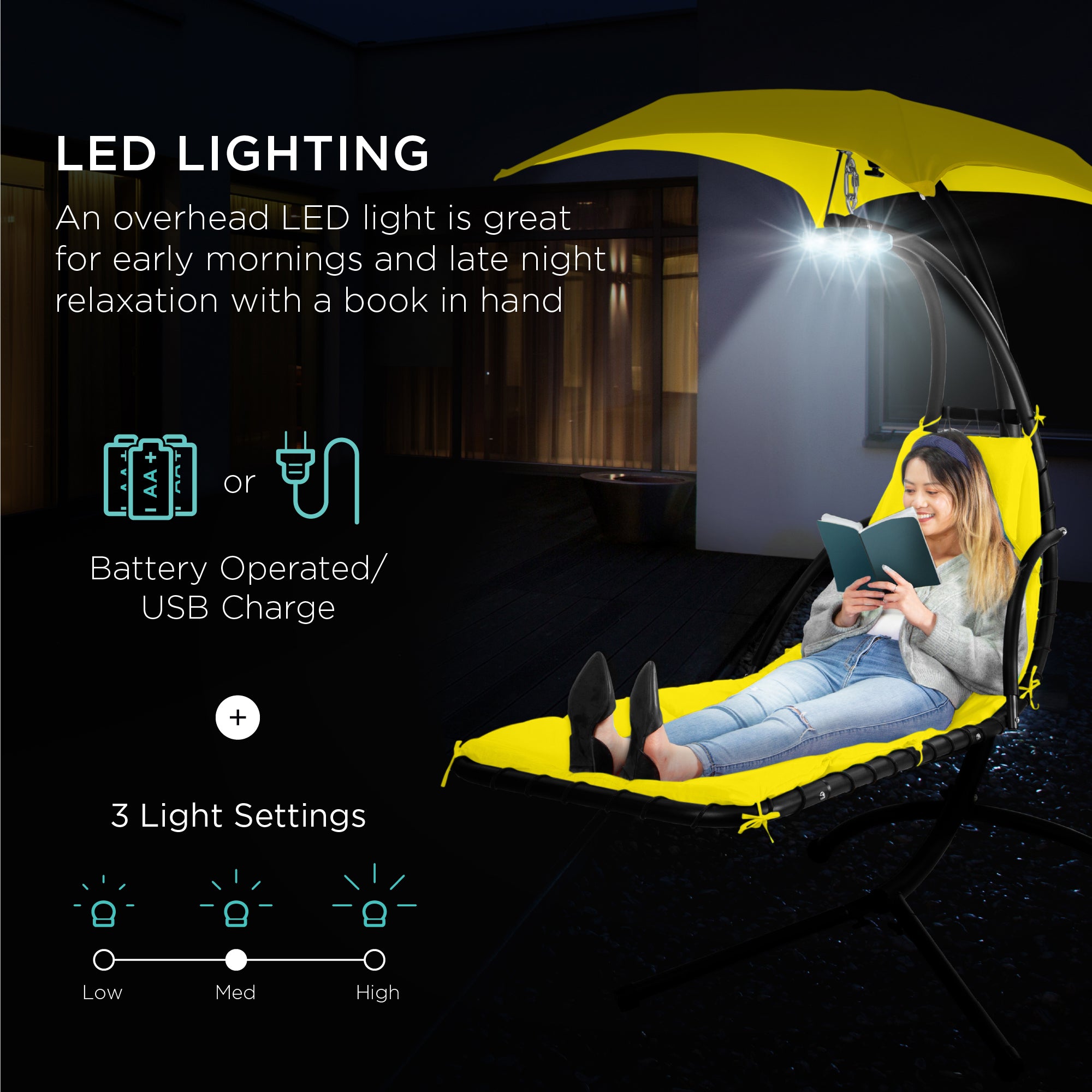 Hanging LED-Lit Curved Chaise Lounge Chair w/ Pillow, Canopy, Stand