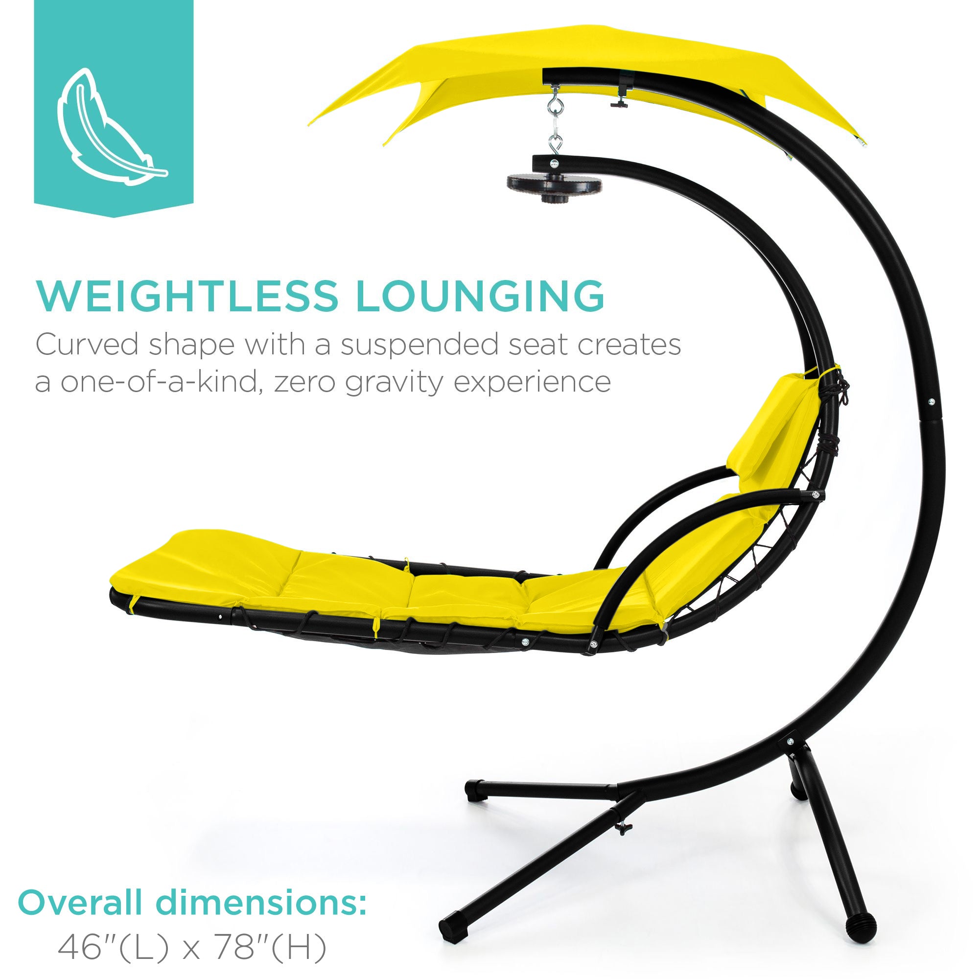 Hanging LED-Lit Curved Chaise Lounge Chair w/ Pillow, Canopy, Stand