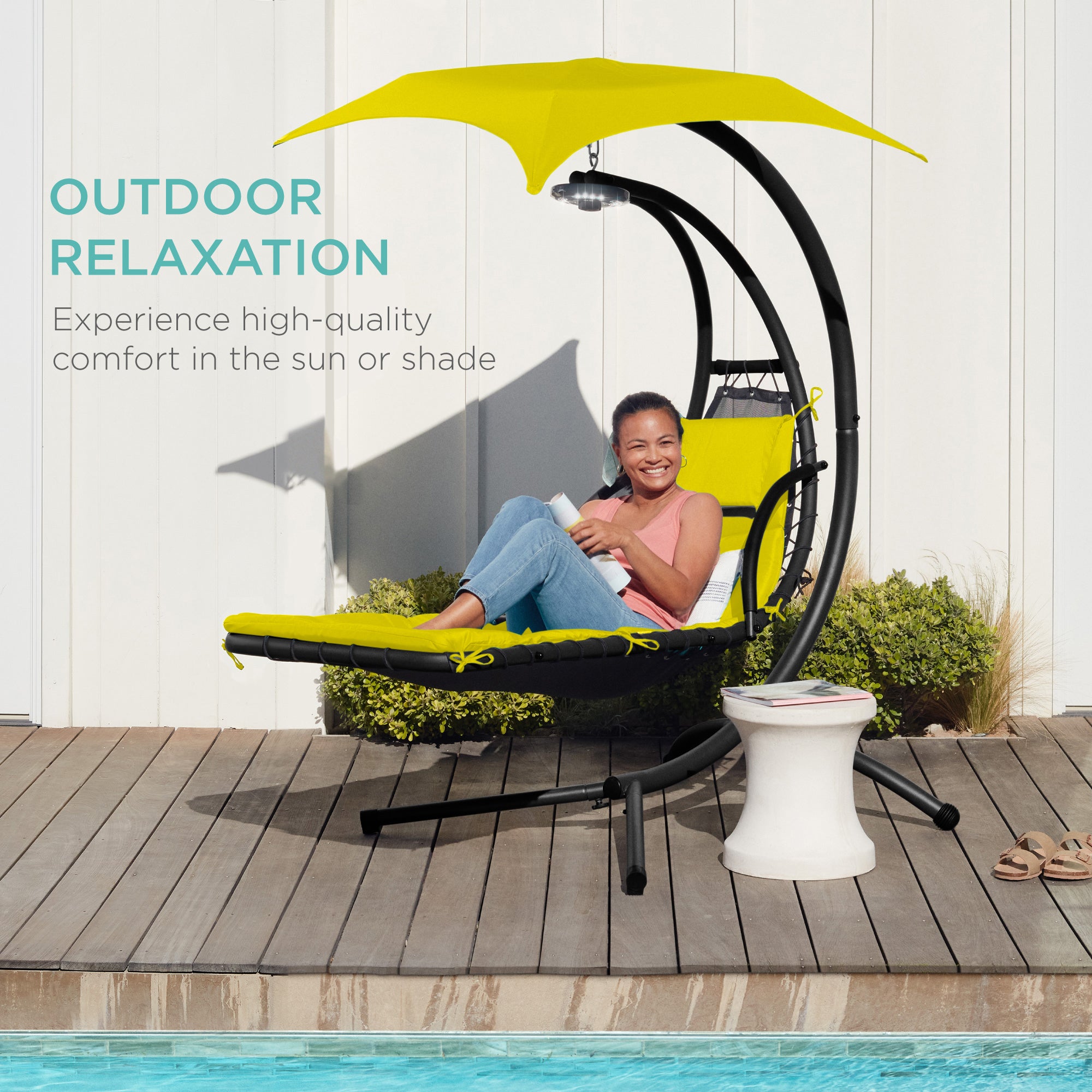 Hanging LED-Lit Curved Chaise Lounge Chair w/ Pillow, Canopy, Stand