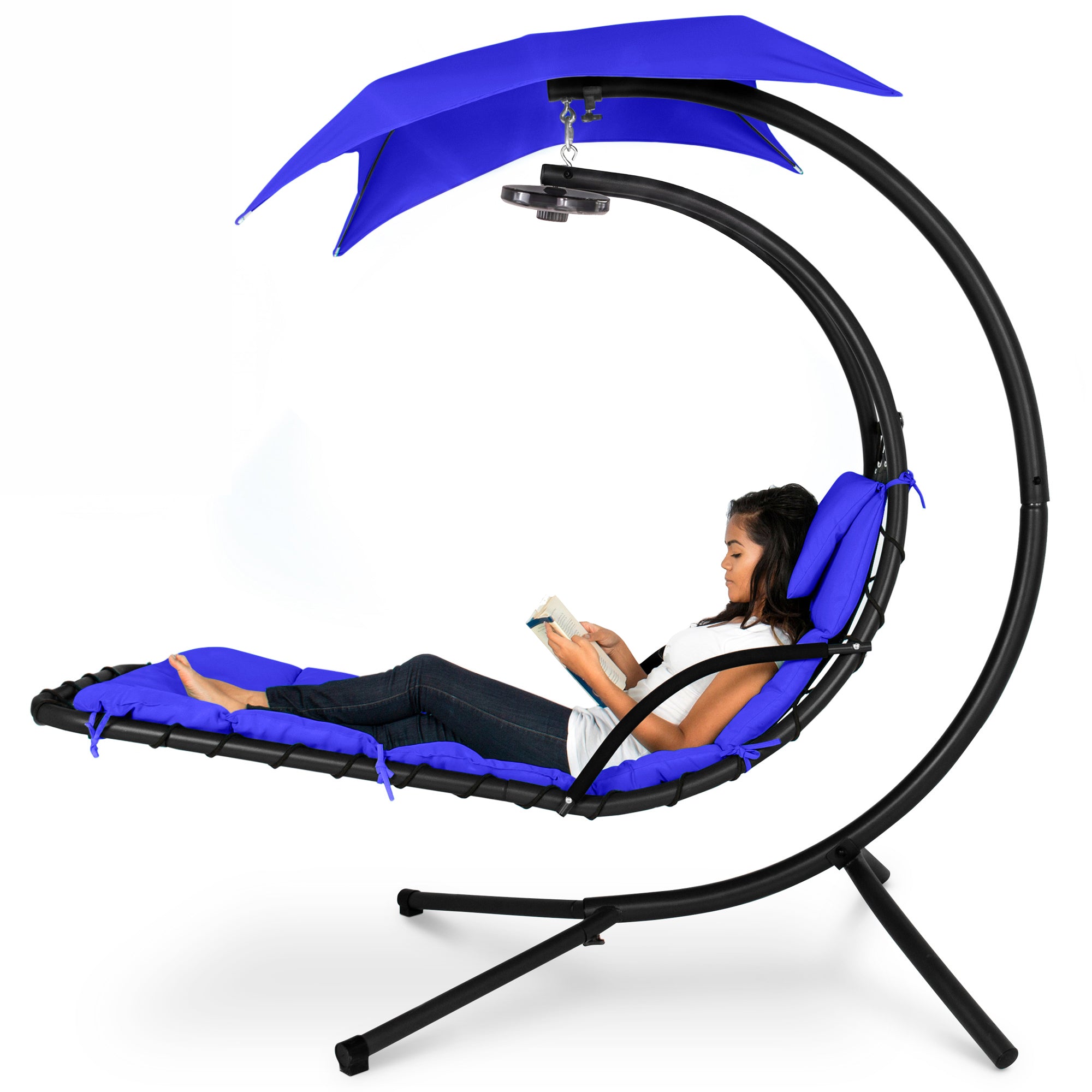 Hanging LED-Lit Curved Chaise Lounge Chair w/ Pillow, Canopy, Stand