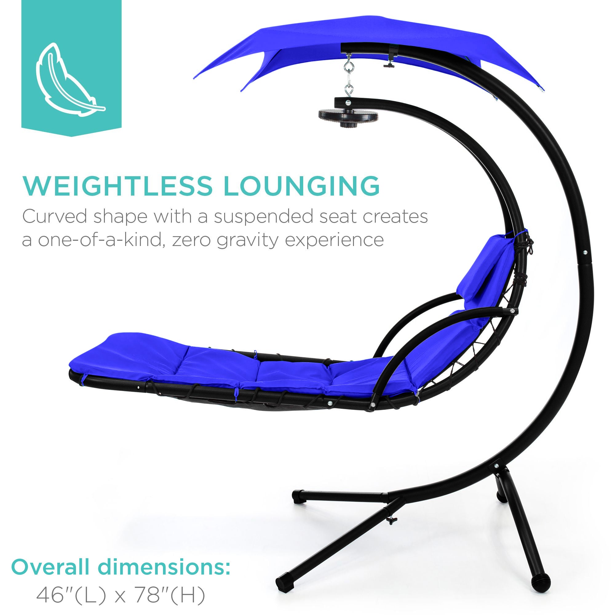 Hanging LED-Lit Curved Chaise Lounge Chair w/ Pillow, Canopy, Stand