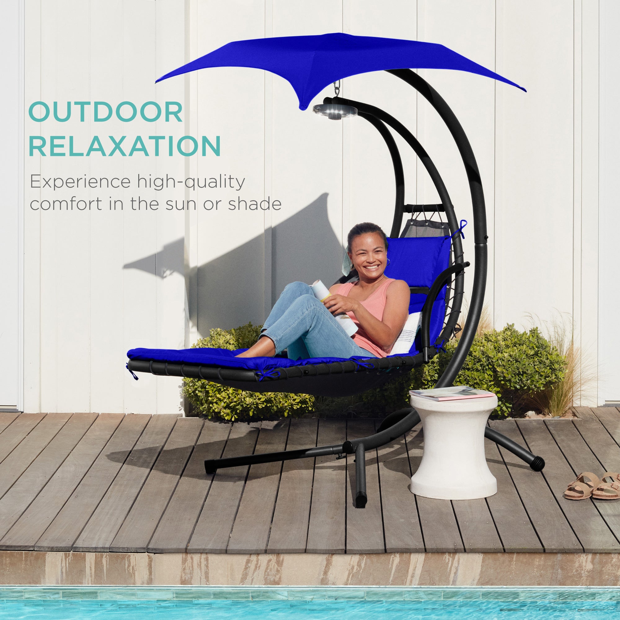 Hanging LED-Lit Curved Chaise Lounge Chair w/ Pillow, Canopy, Stand