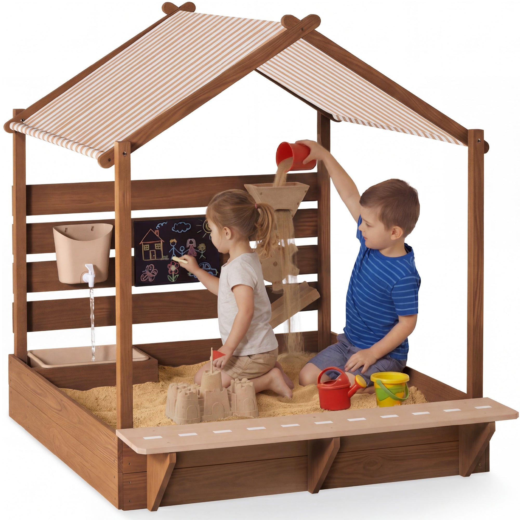 Deluxe Wooden Sandbox with Canopy & Water Table for Kids