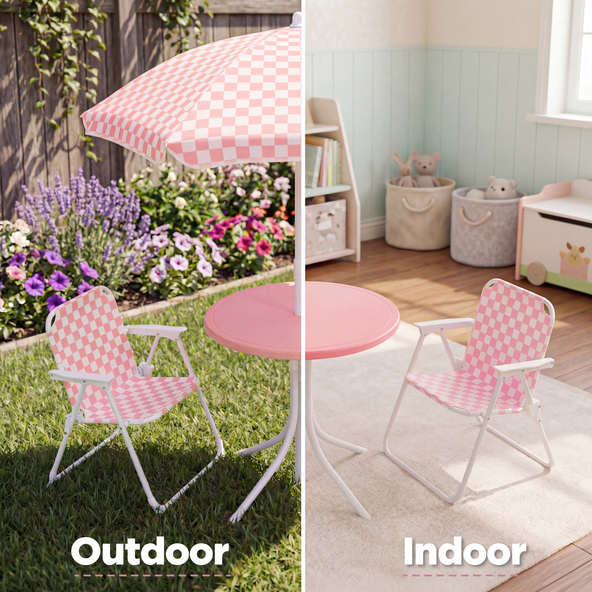 Kids Outdoor Table and Chair Set with Umbrella, Foldable Toddler Set