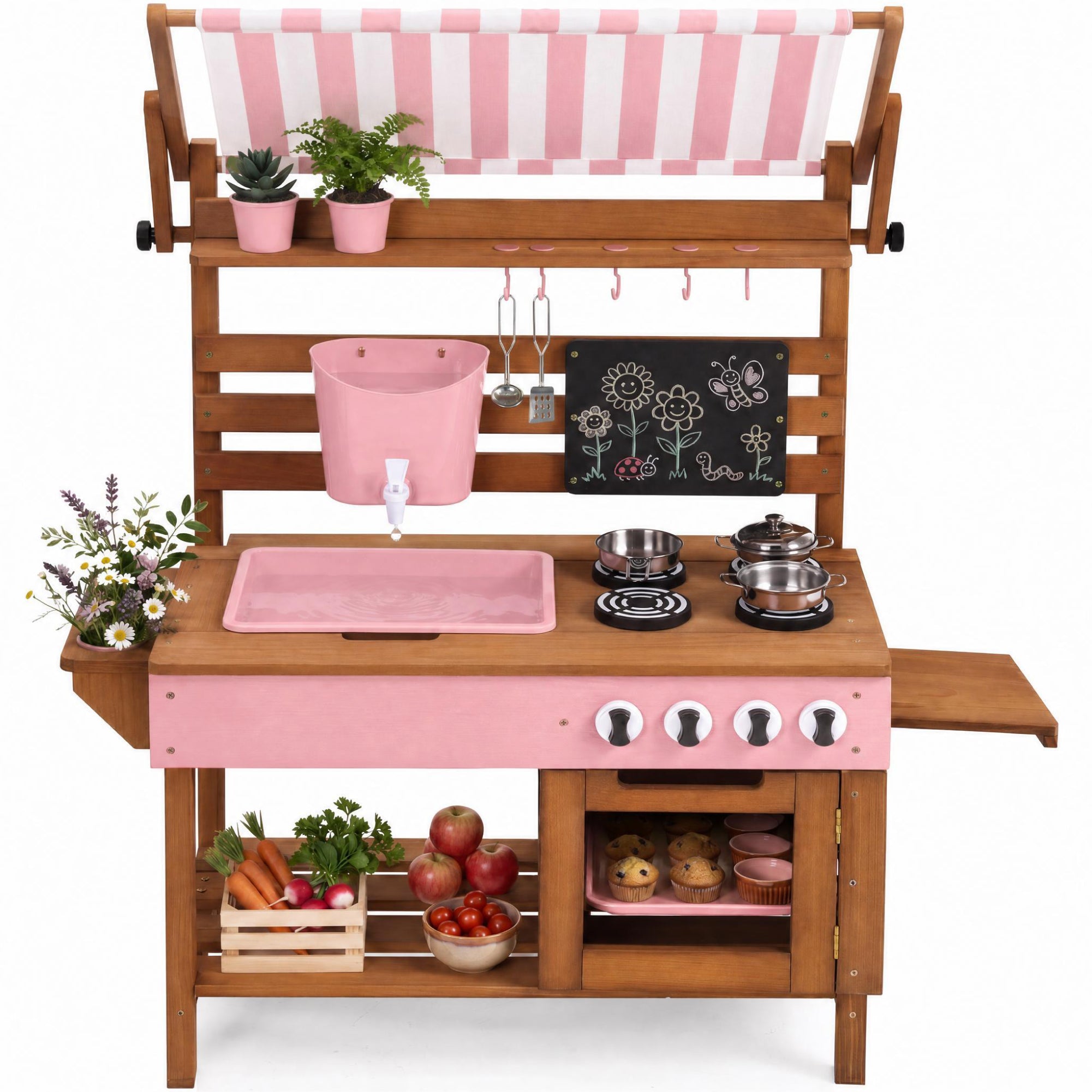 Deluxe Wooden Outdoor Mud Kitchen w/ Canopy, Sink, Faucet & 14pc