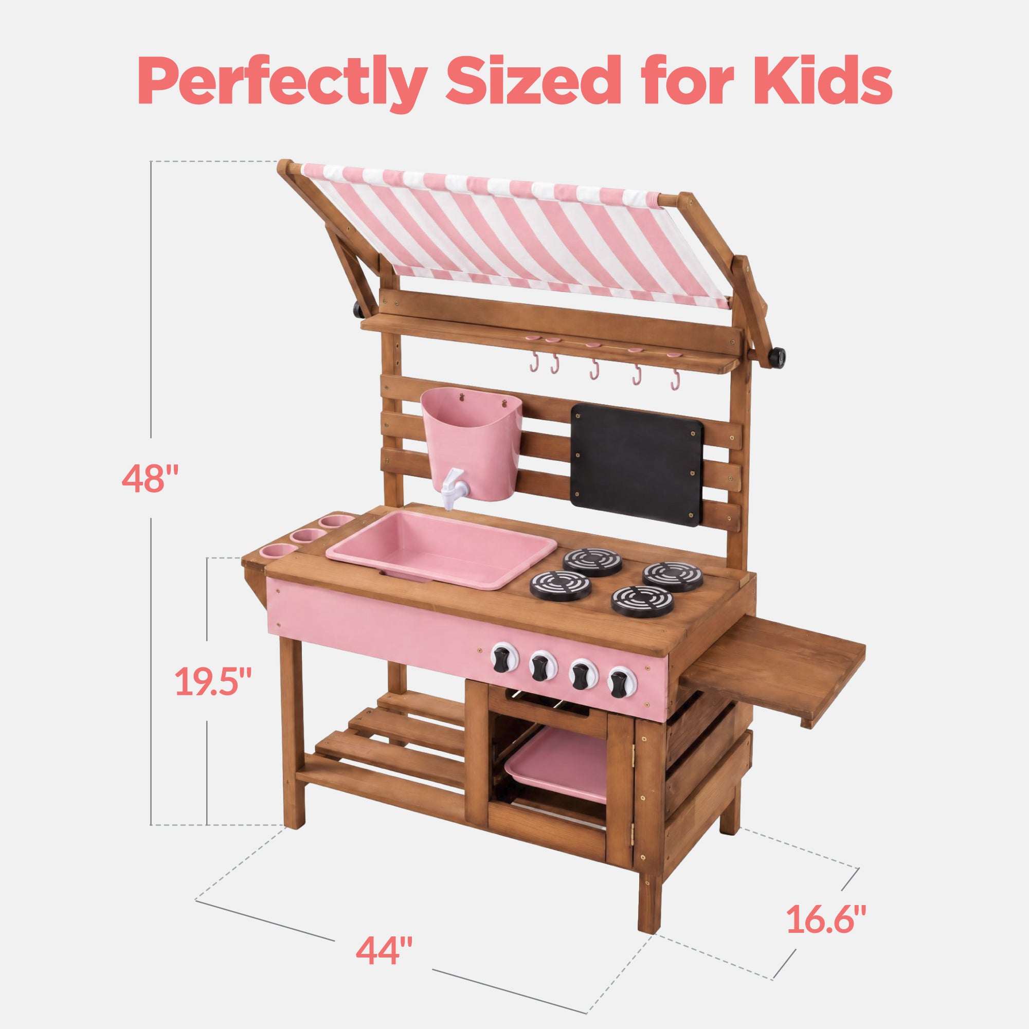 Deluxe Wooden Outdoor Mud Kitchen w/ Canopy, Sink, Faucet & 14pc