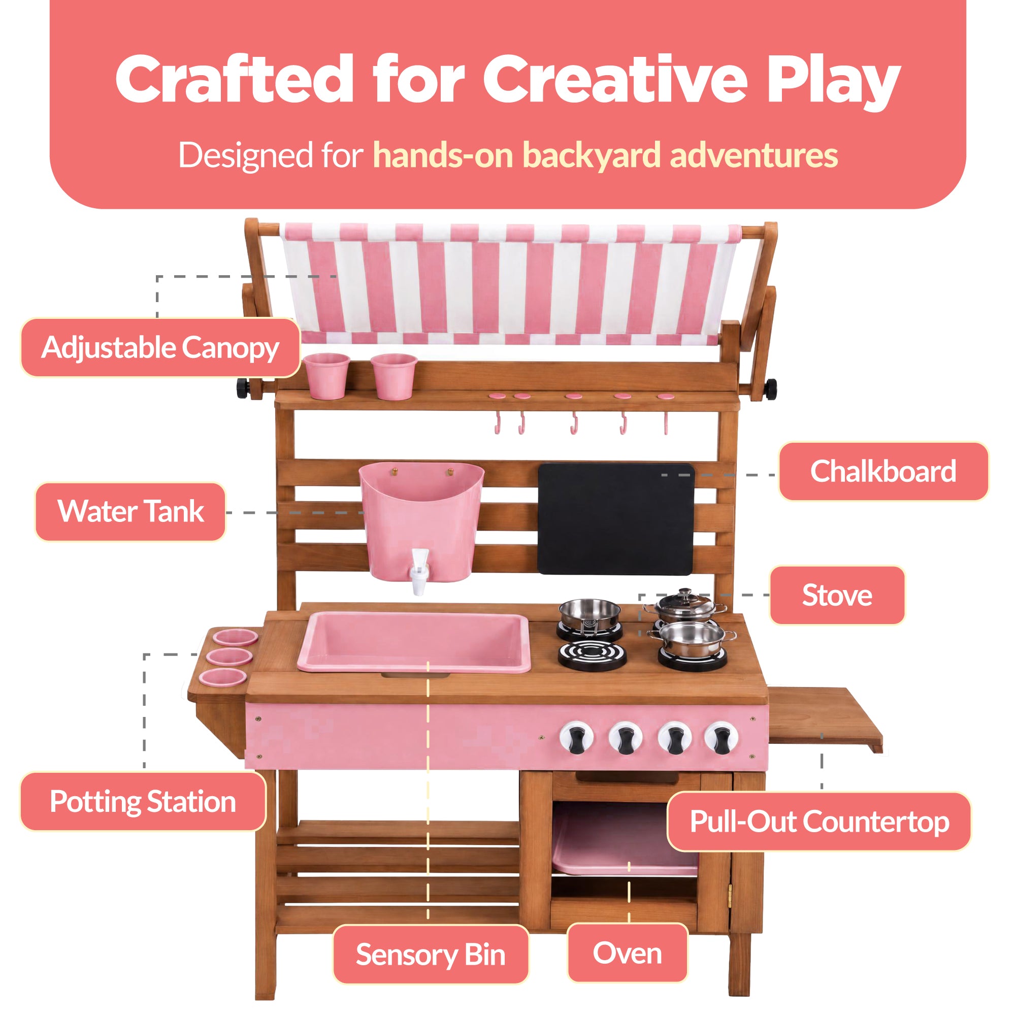 Deluxe Wooden Outdoor Mud Kitchen w/ Canopy, Sink, Faucet & 14pc Accessories