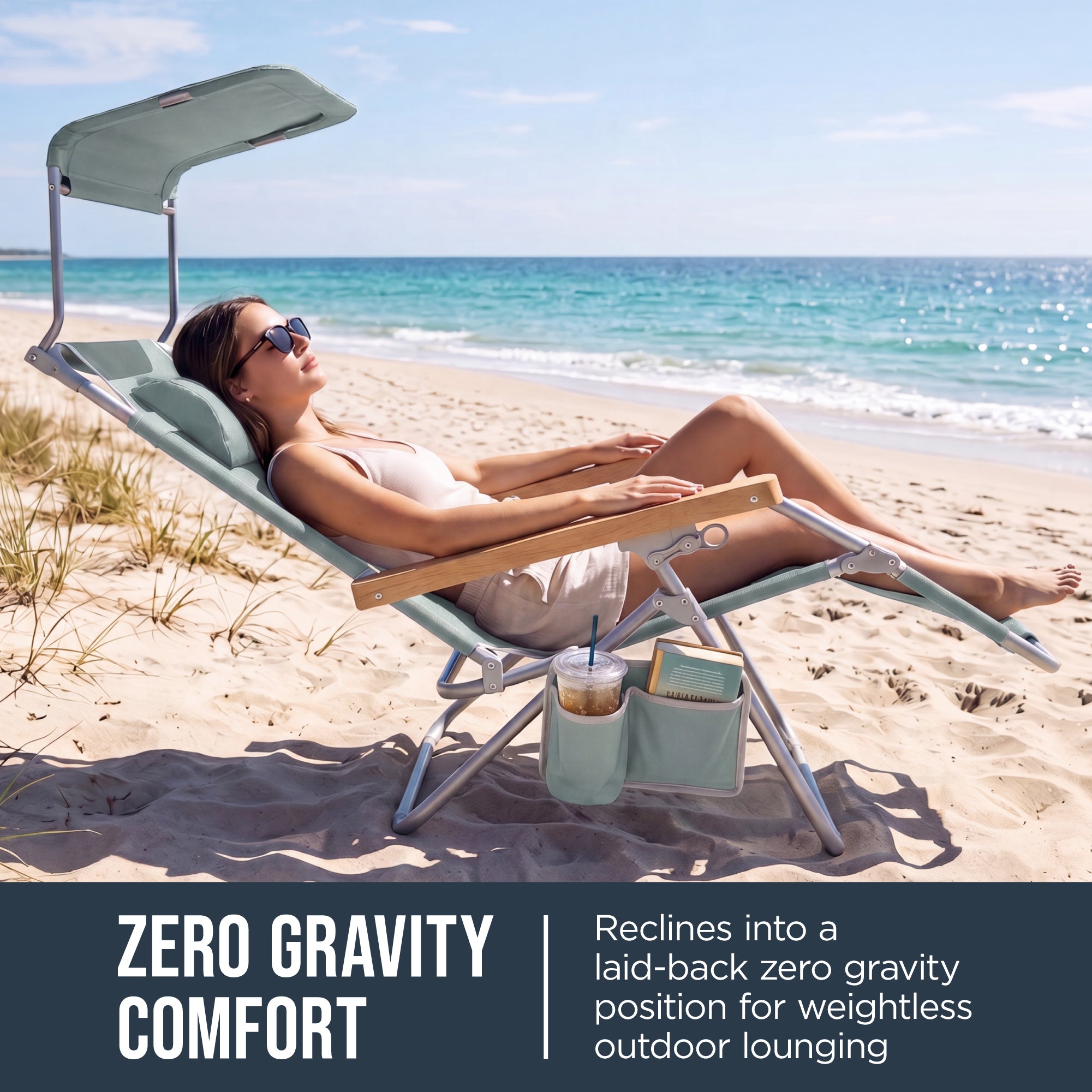 Beach Chair with Adjustable Canopy, Zero Gravity with Carry Straps