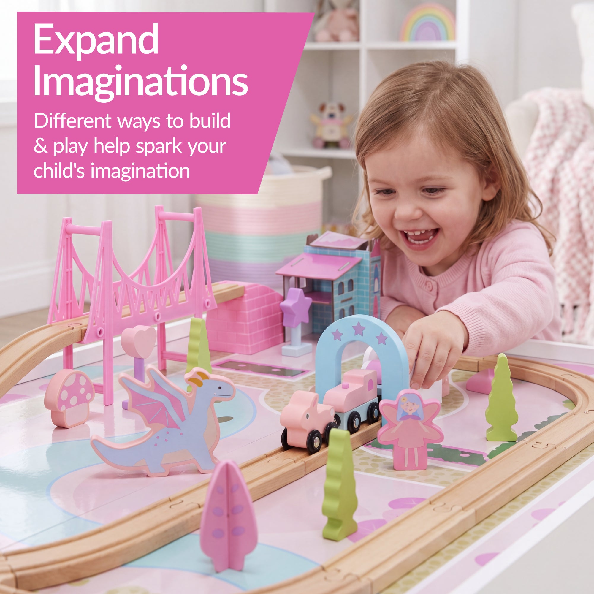 Princess Train Table for Toddlers, 50-Inch Train Set with Storage