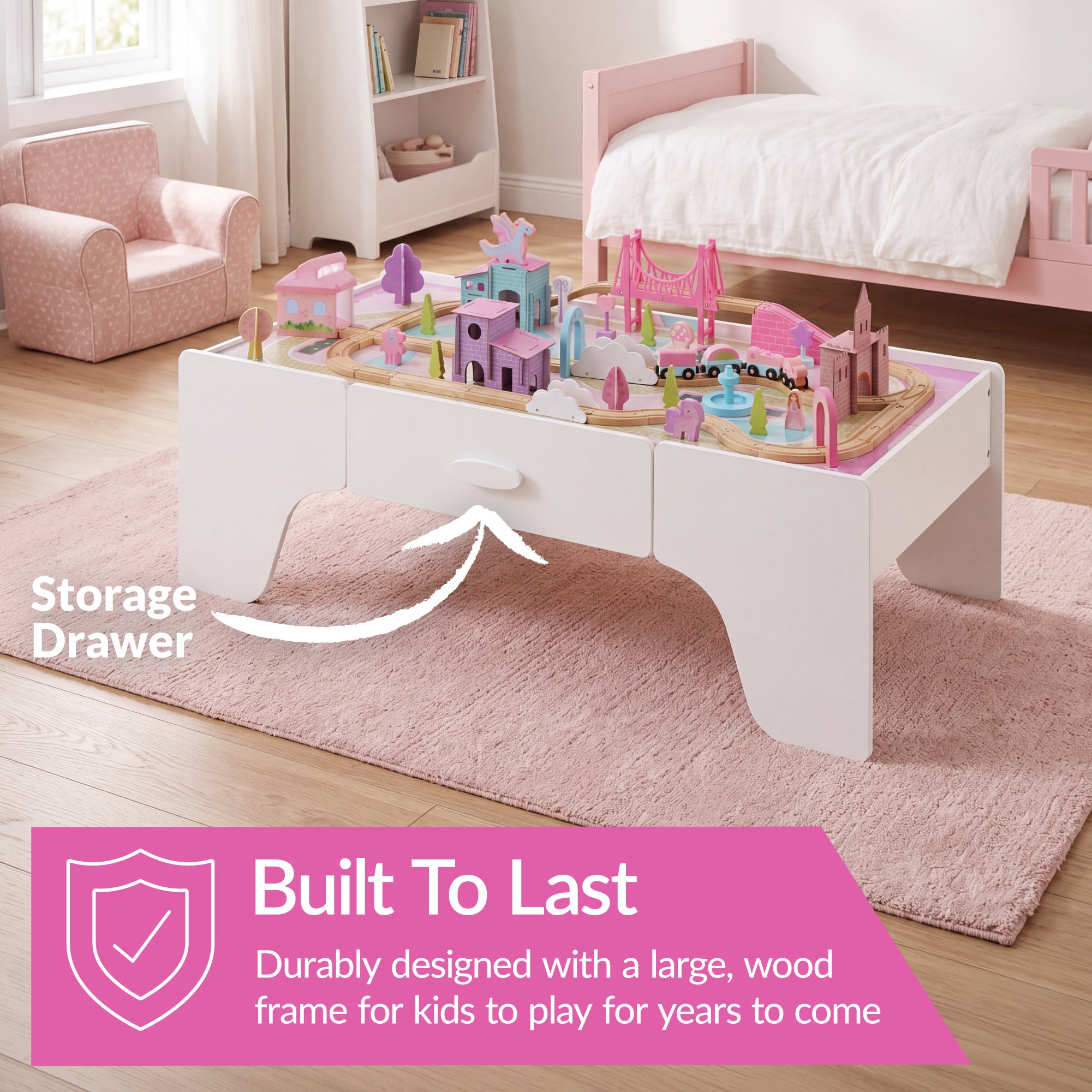 Princess Train Table for Toddlers, 50-Inch Train Set with Storage