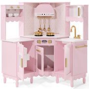 Corner Play Kitchen for Kids, Wooden Toy Kitchen w/ Espresso & Ice Maker