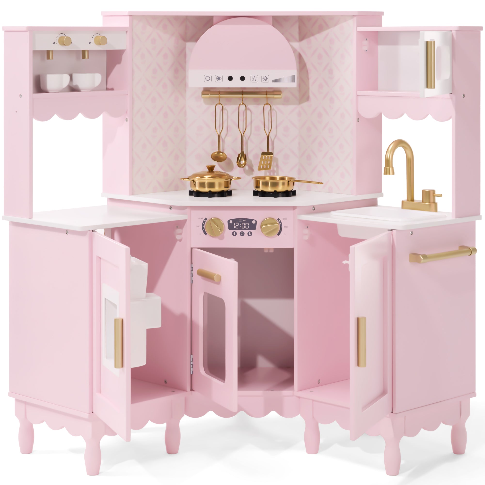 Corner Play Kitchen for Kids, Wooden Toy Kitchen w/ Espresso & Ice Maker