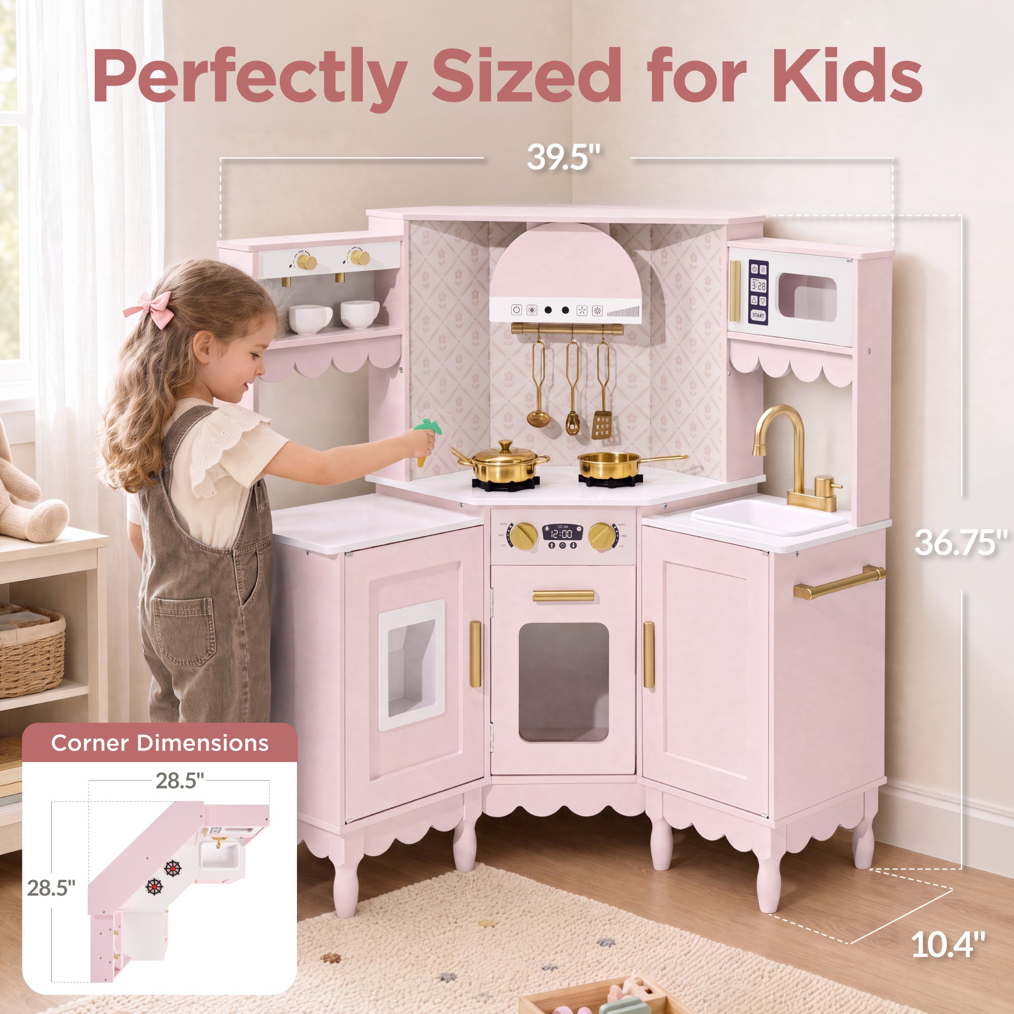 Corner Play Kitchen for Kids, Wooden Toy Kitchen w/ Espresso & Ice Maker