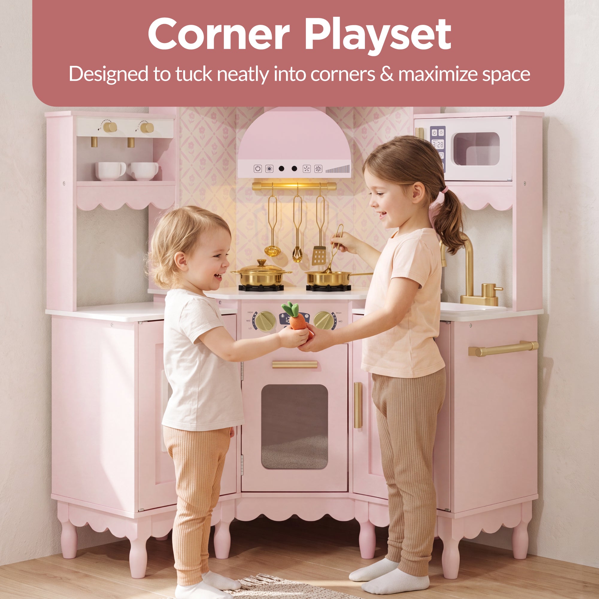 Corner Play Kitchen for Kids, Wooden Toy Kitchen w/ Espresso & Ice Maker