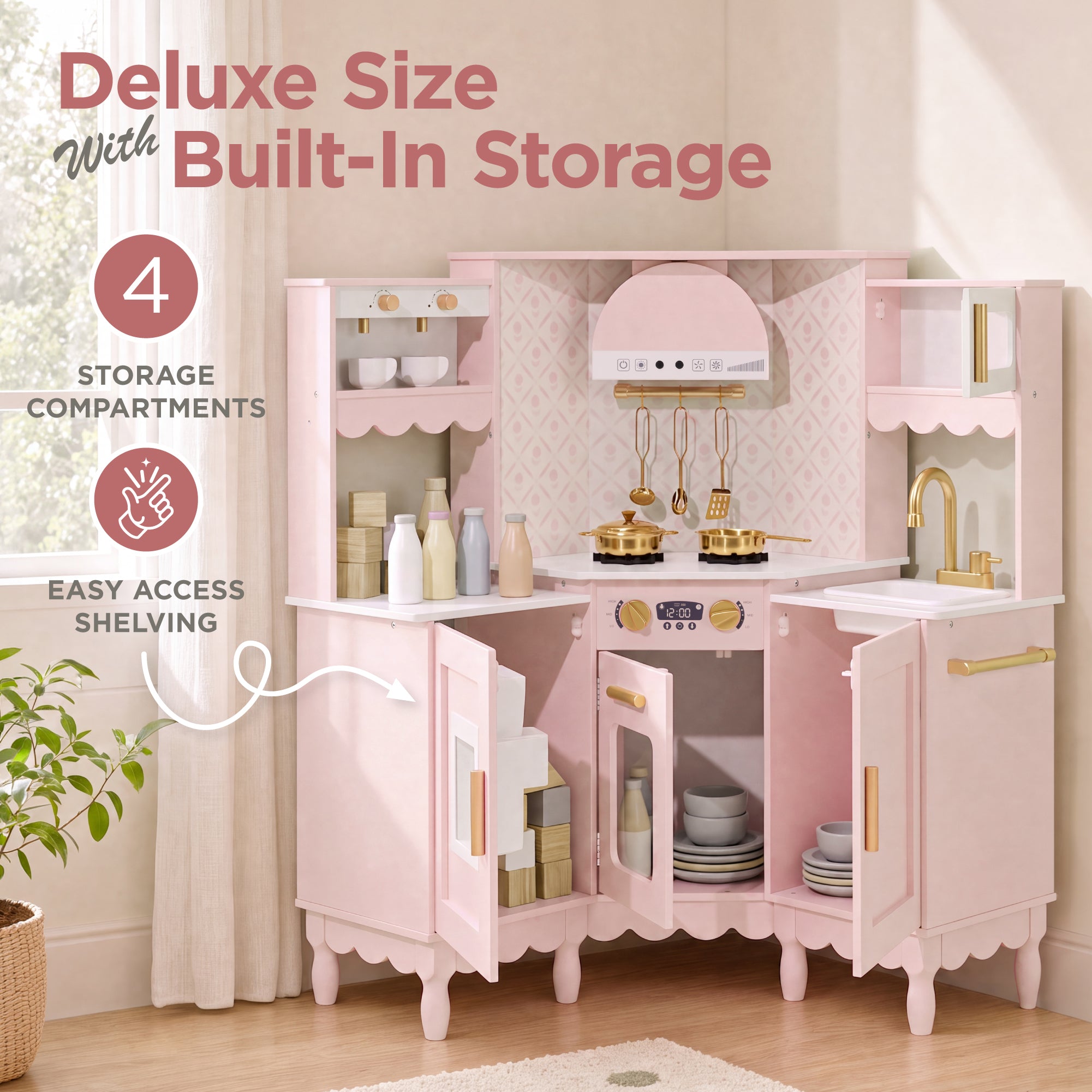 Corner Play Kitchen for Kids, Wooden Toy Kitchen w/ Espresso & Ice Maker