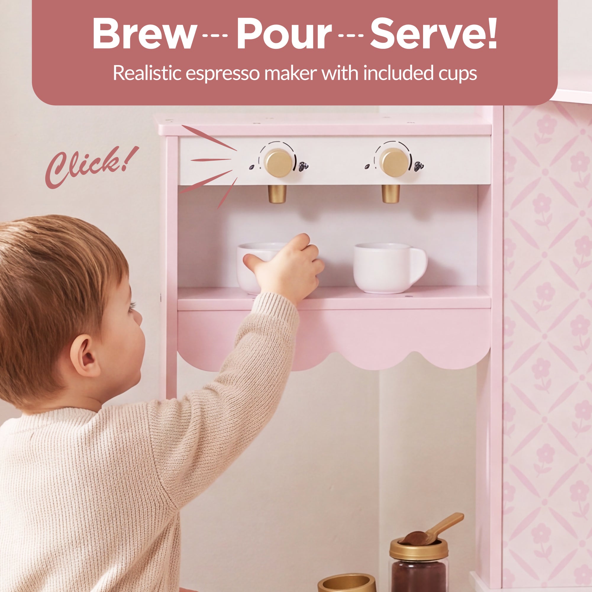 Corner Play Kitchen for Kids, Wooden Toy Kitchen w/ Espresso & Ice Maker