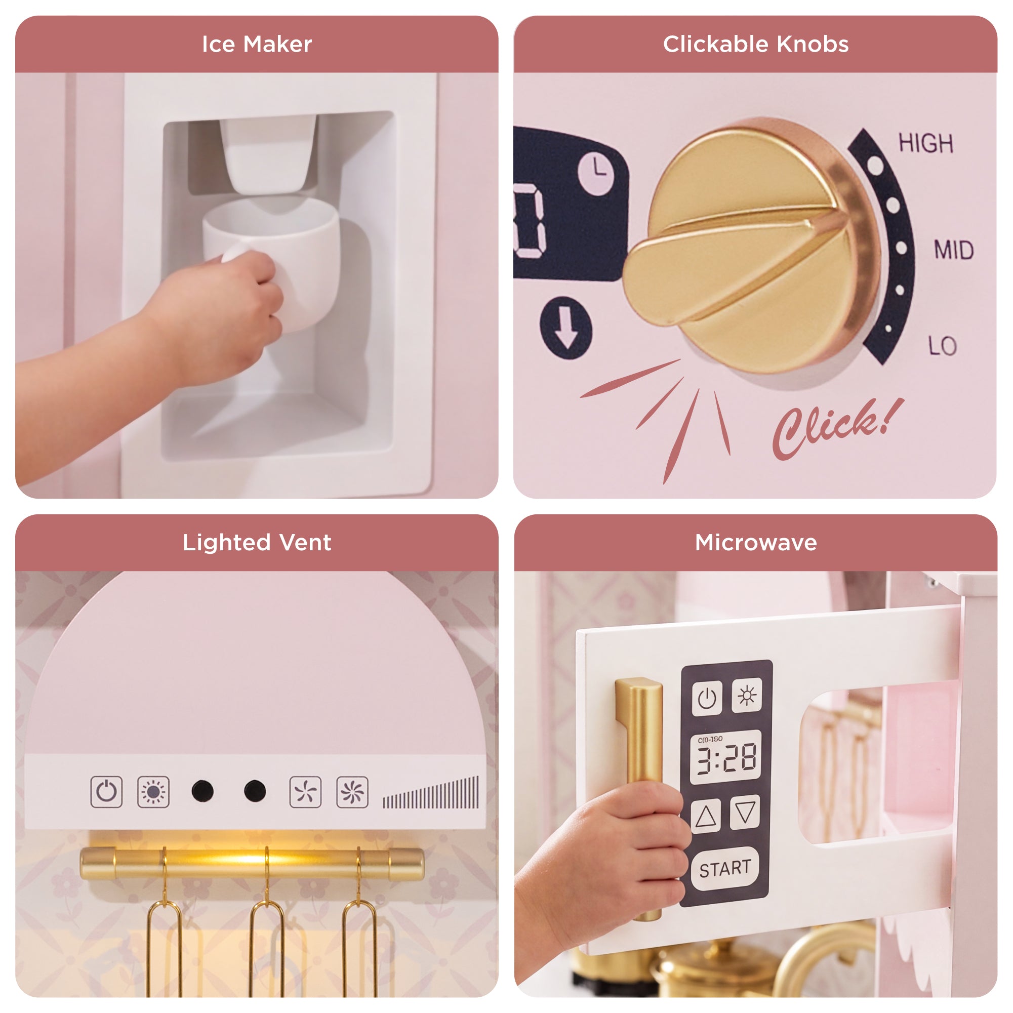 Corner Play Kitchen for Kids, Wooden Toy Kitchen w/ Espresso & Ice Maker