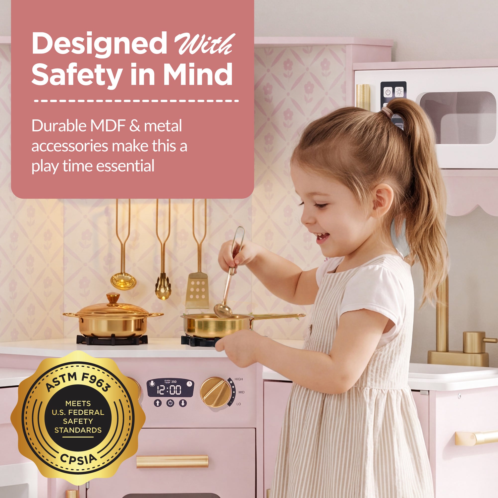 Corner Play Kitchen for Kids, Wooden Toy Kitchen w/ Espresso & Ice Maker