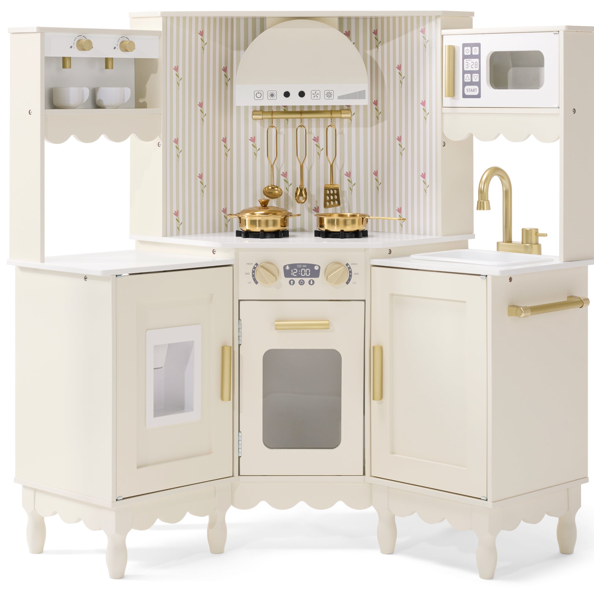 Corner Play Kitchen for Kids, Wooden Toy Kitchen w/ Espresso & Ice Maker