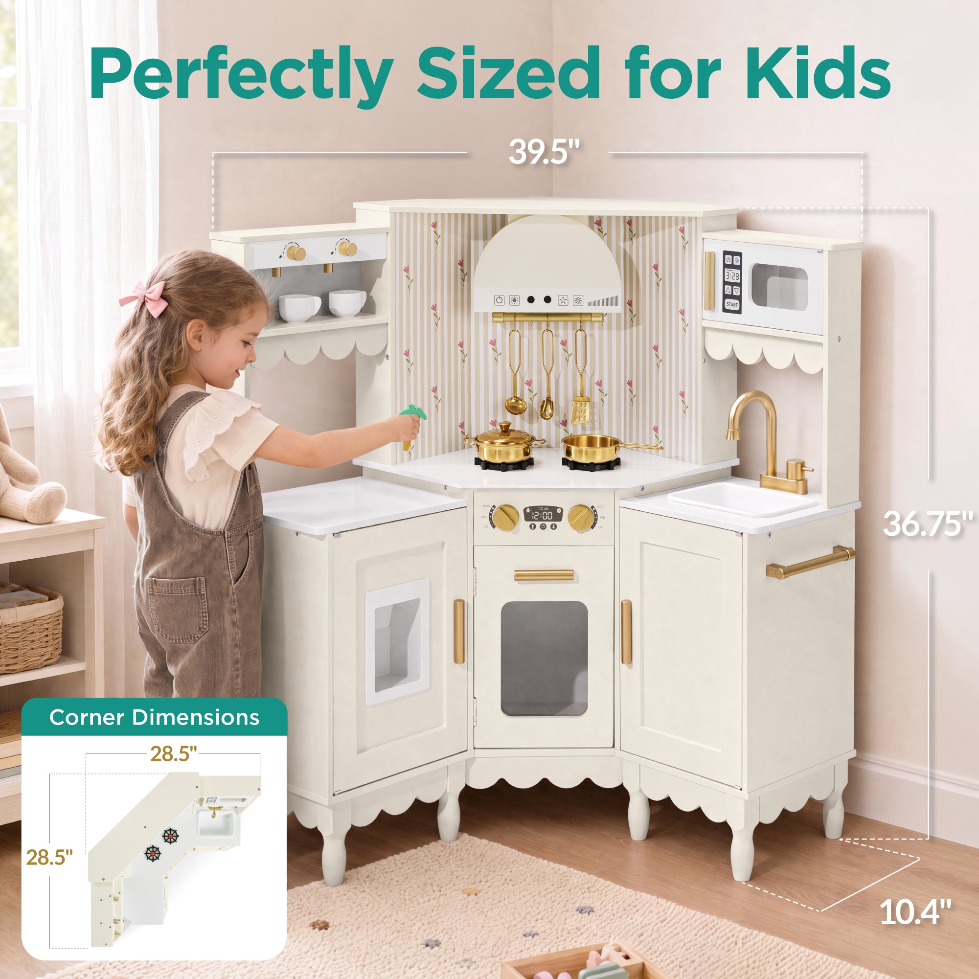 Corner Play Kitchen for Kids, Wooden Toy Kitchen w/ Espresso & Ice Maker