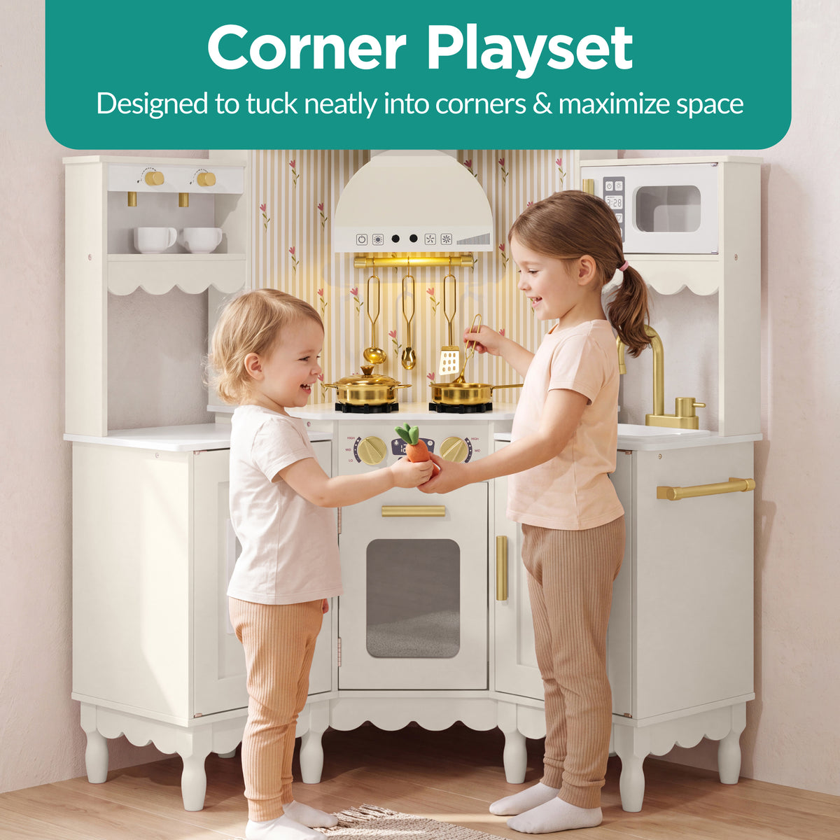 Corner Play Kitchen for Kids, Wooden Toy Kitchen w/ Espresso & Ice Maker