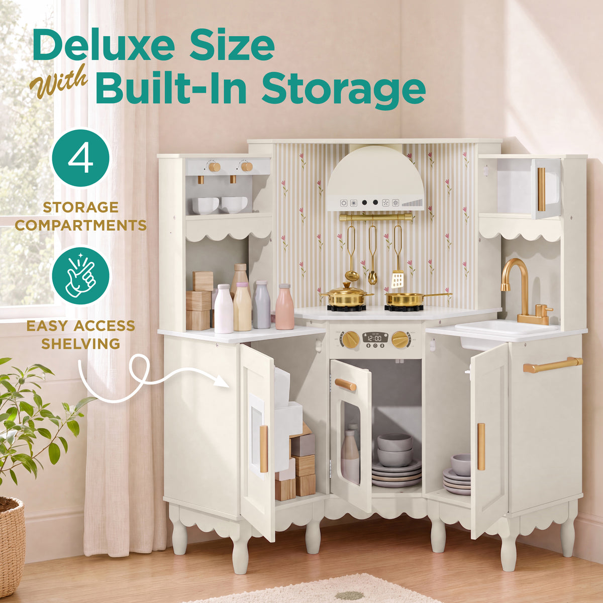 Corner Play Kitchen for Kids, Wooden Toy Kitchen w/ Espresso & Ice Maker