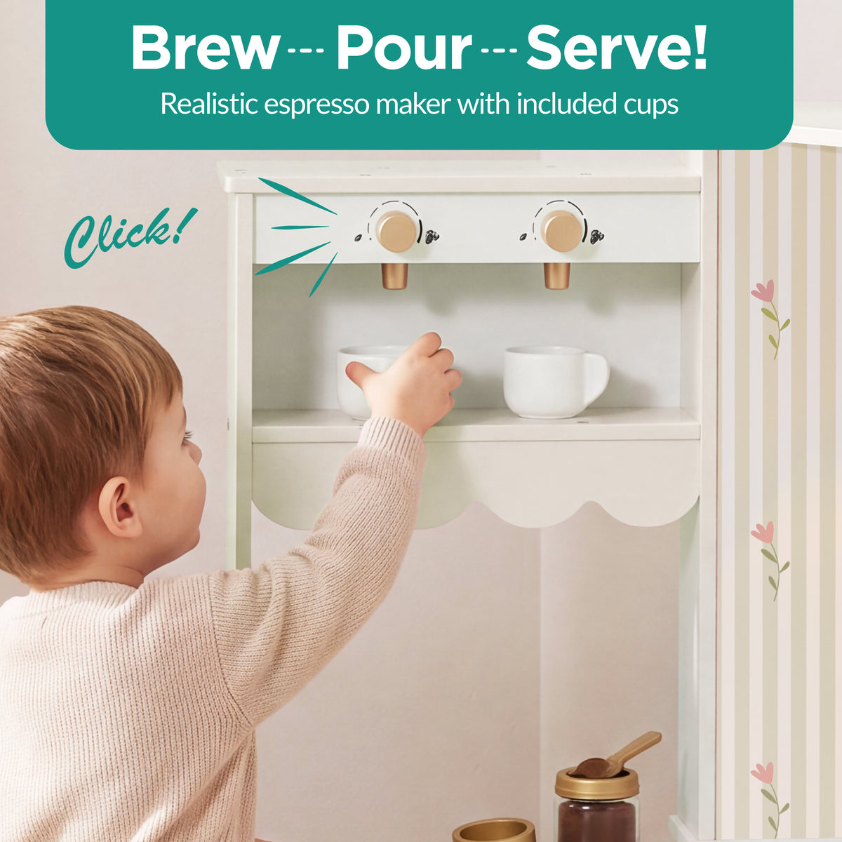 Corner Play Kitchen for Kids, Wooden Toy Kitchen w/ Espresso & Ice Maker