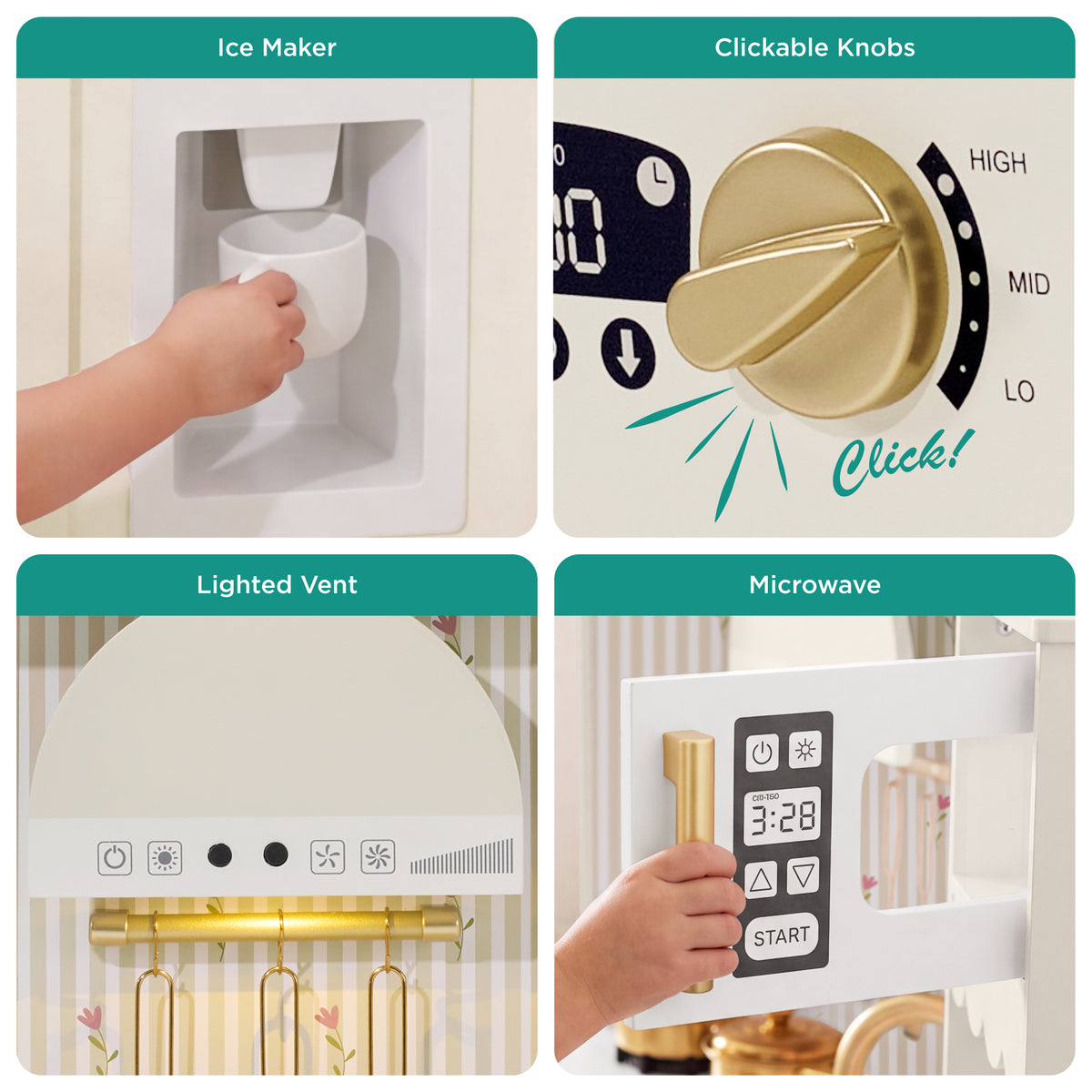 Corner Play Kitchen for Kids, Wooden Toy Kitchen w/ Espresso & Ice Maker