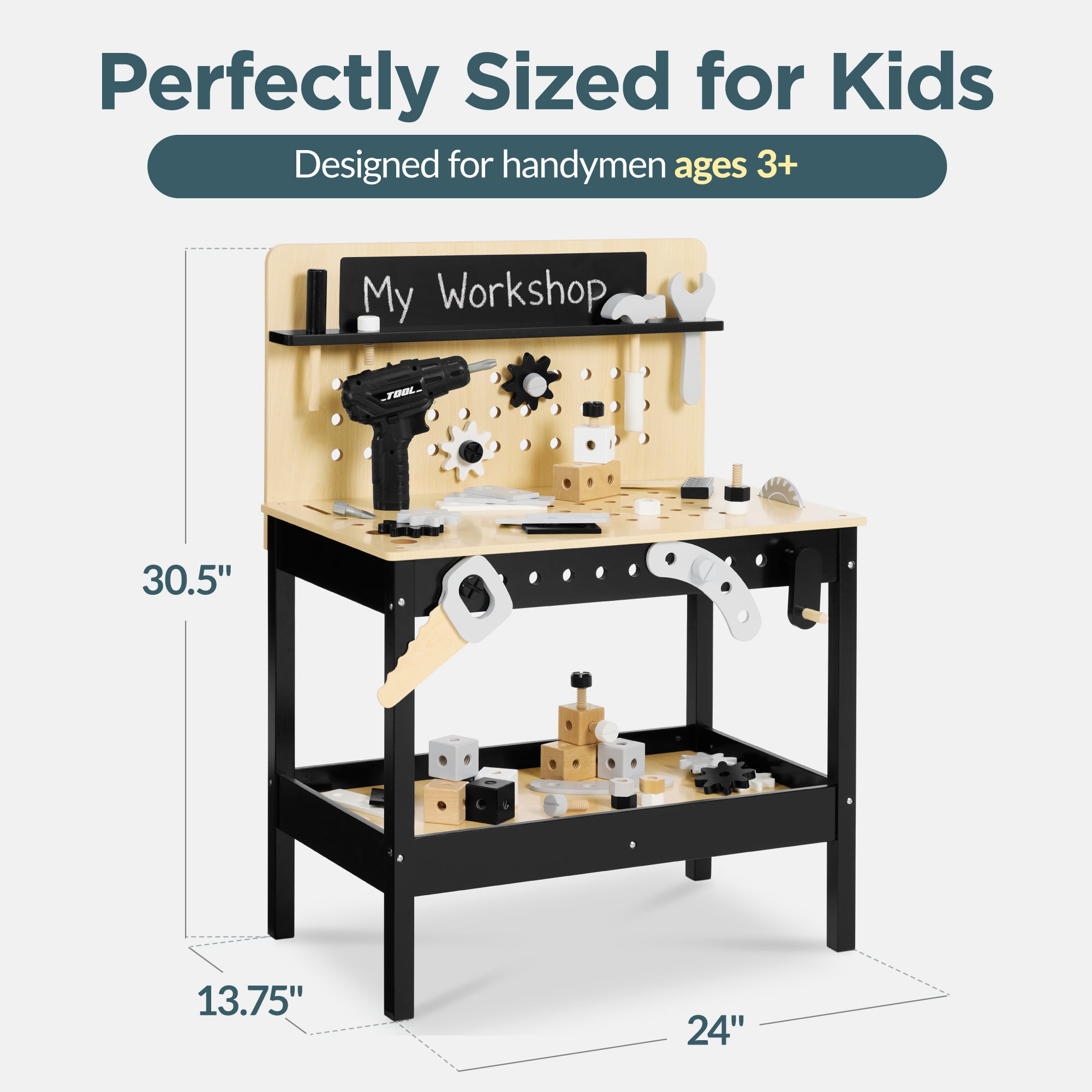 Wooden Kids Workbench w/ Battery-Powered Drill, Tool Set & Storage, Ages 3-5