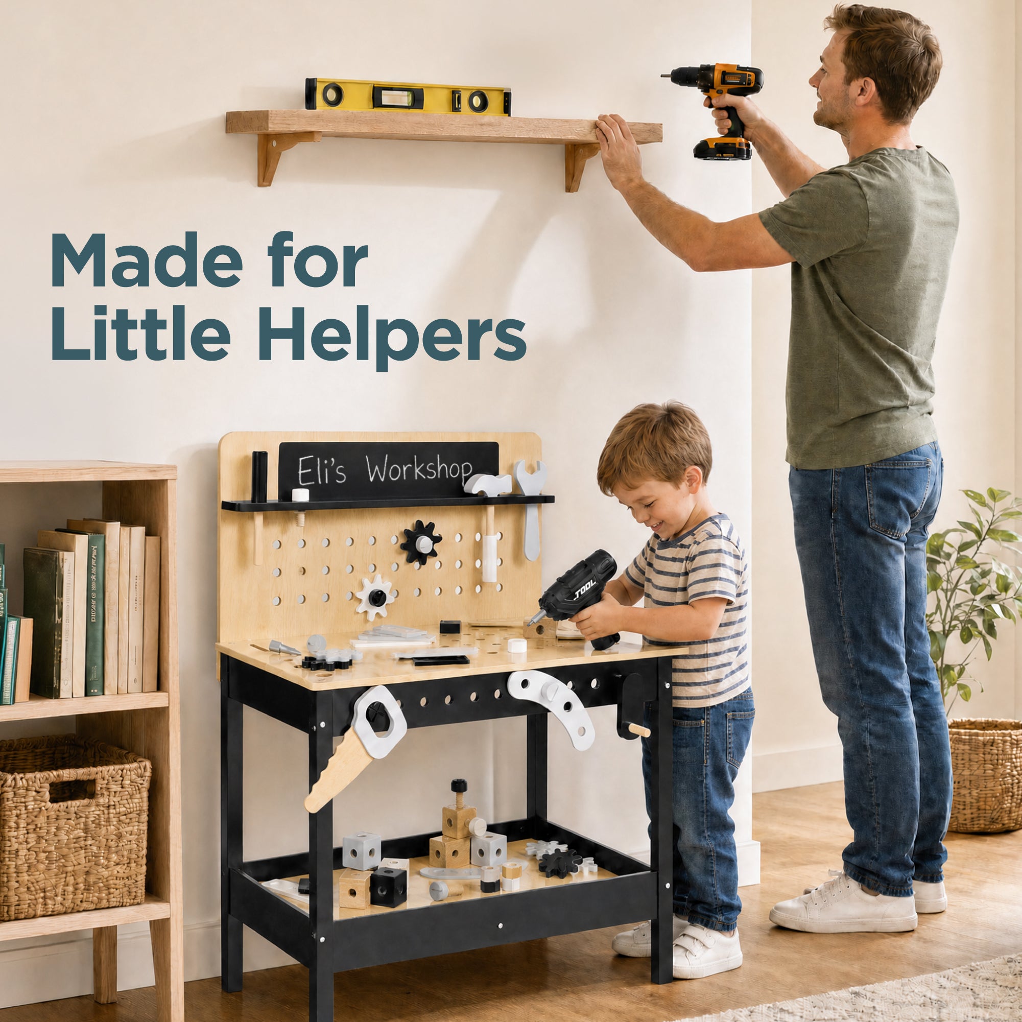 Wooden Kids Workbench w/ Battery-Powered Drill, Tool Set & Storage, Ages 3-5