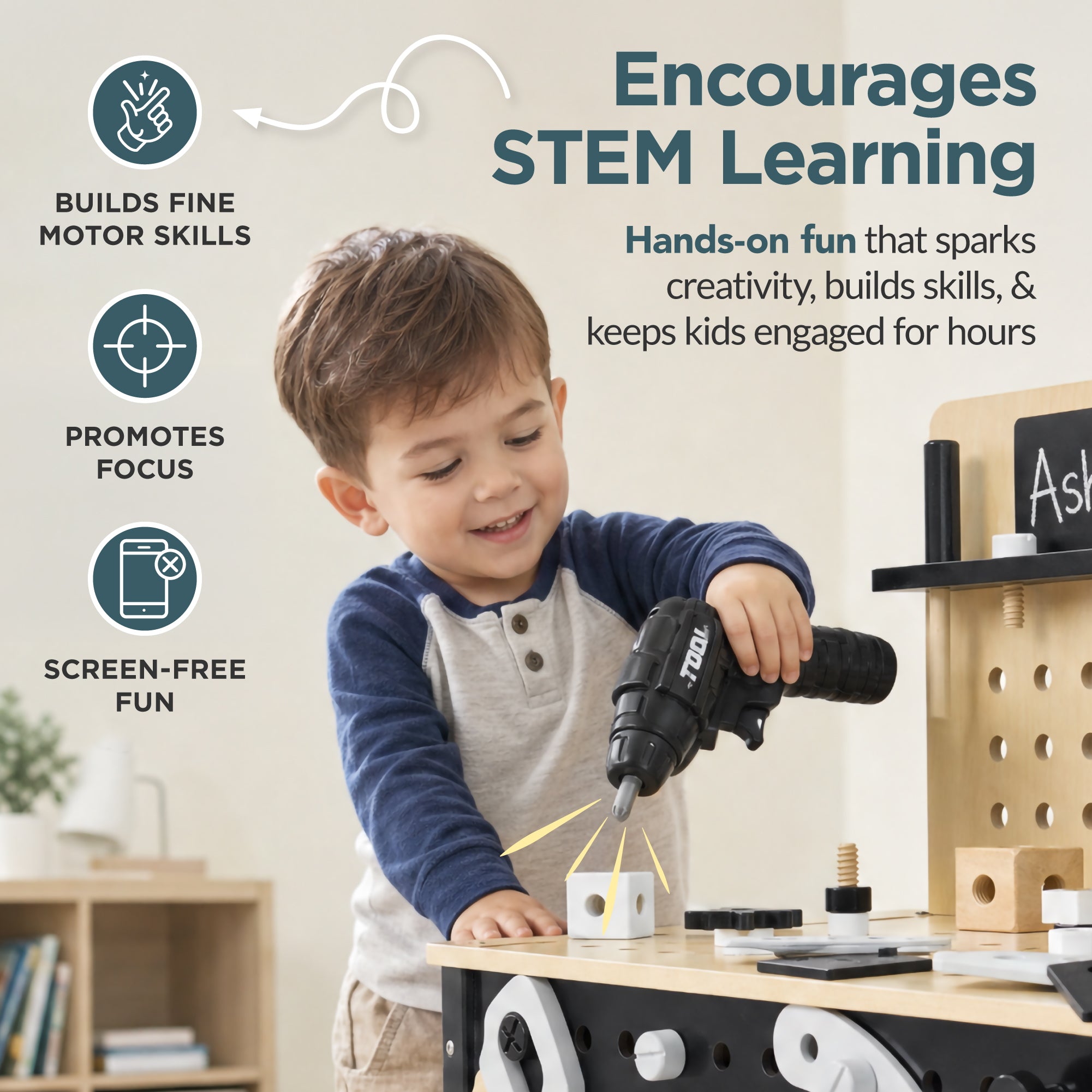 Wooden Kids Workbench w/ Battery-Powered Drill, Tool Set & Storage, Ages 3-5
