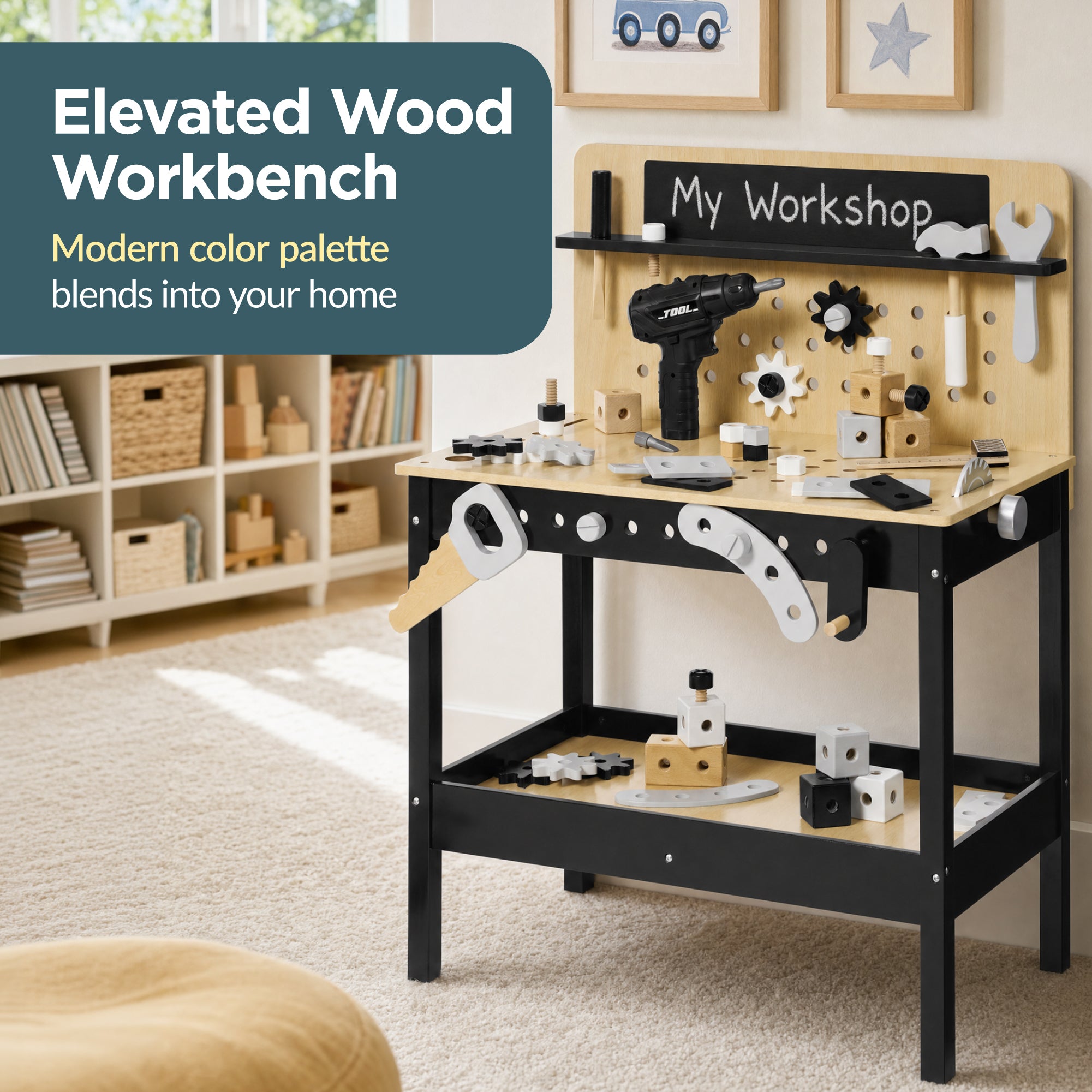 Wooden Kids Workbench w/ Battery-Powered Drill, Tool Set & Storage, Ages 3-5