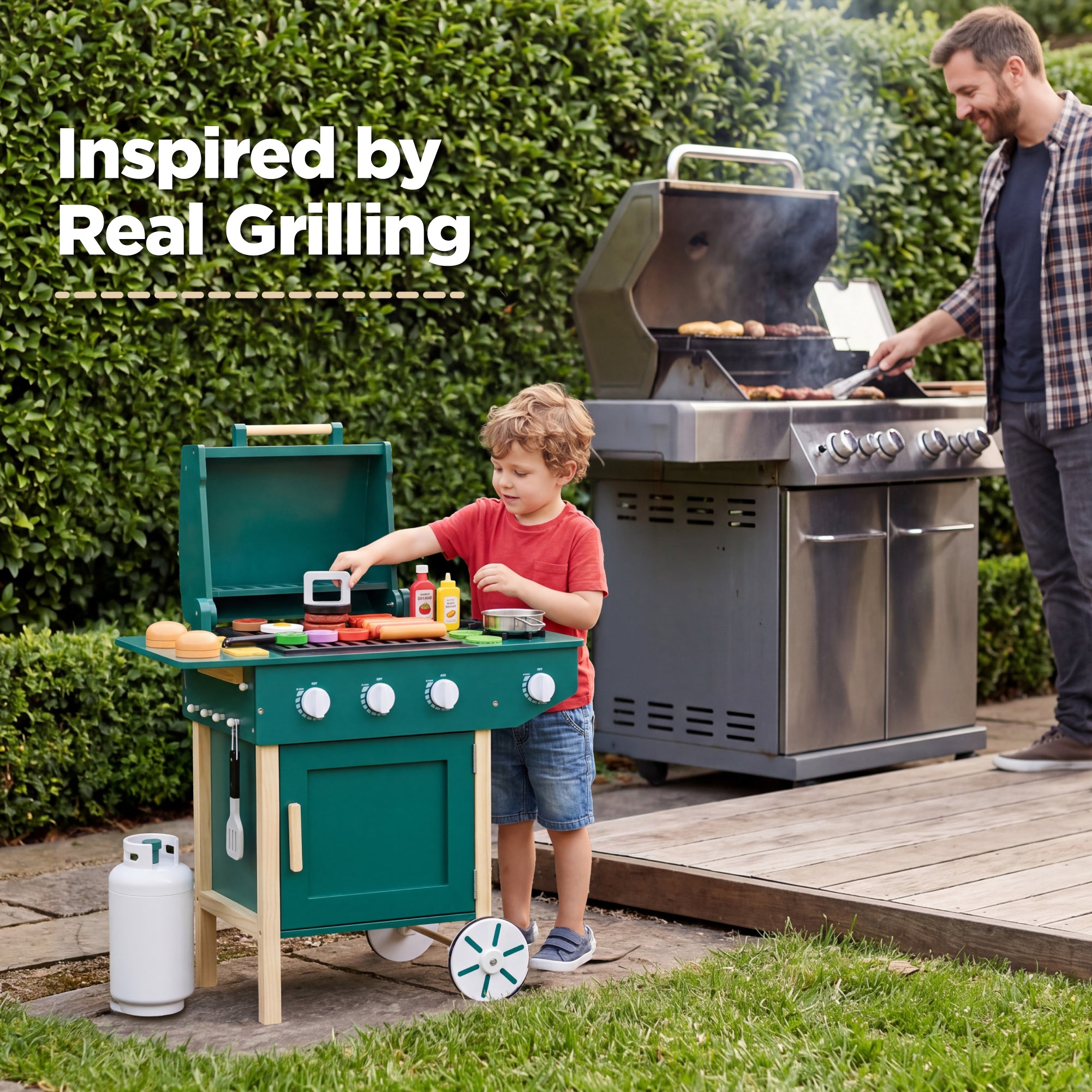 Kids Wooden BBQ Grill Playset, Pretend Kitchen Toy w/ 28 Accessories