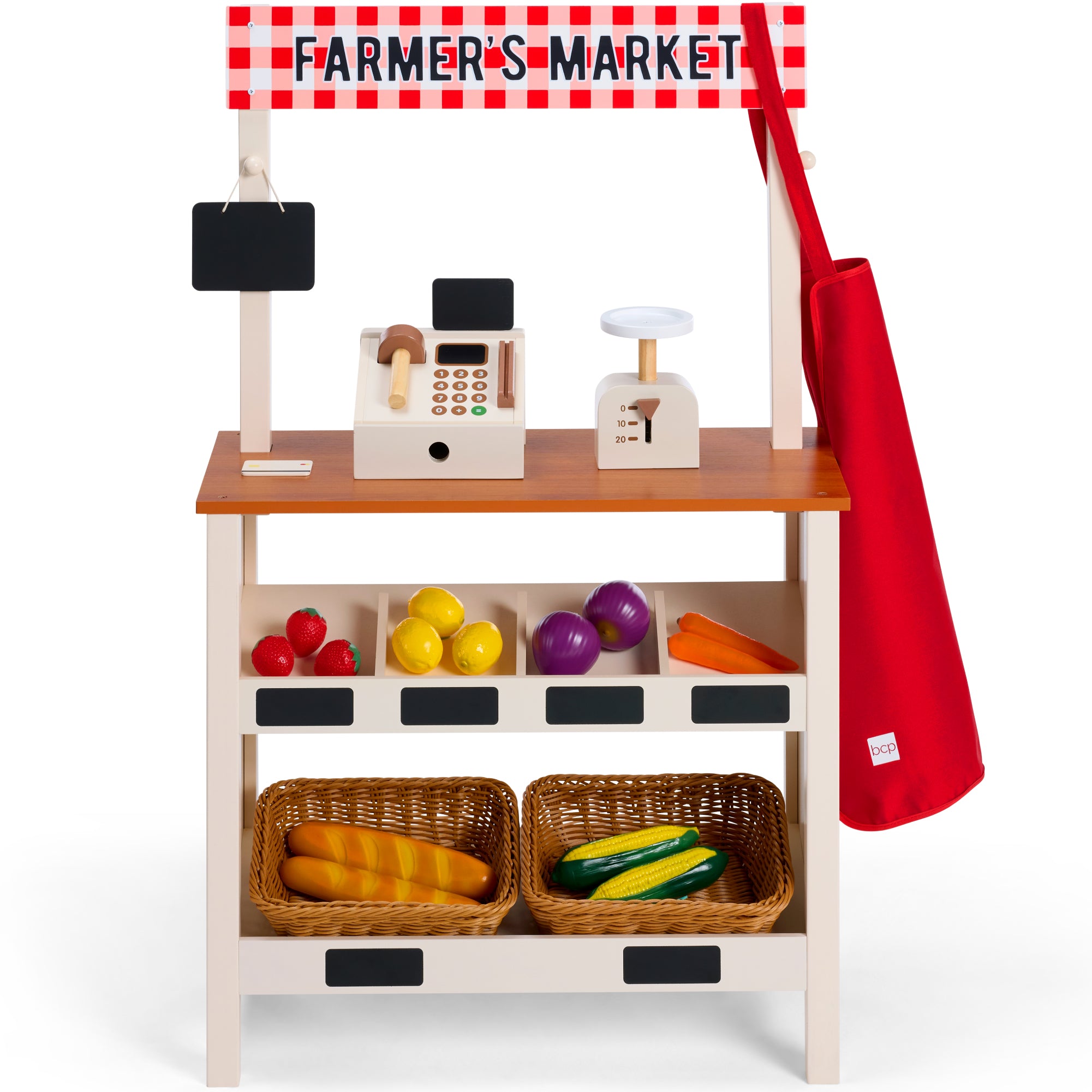 Wooden Farmers Market Stand for Kids w/ 22 Accessories, Play Grocery Store