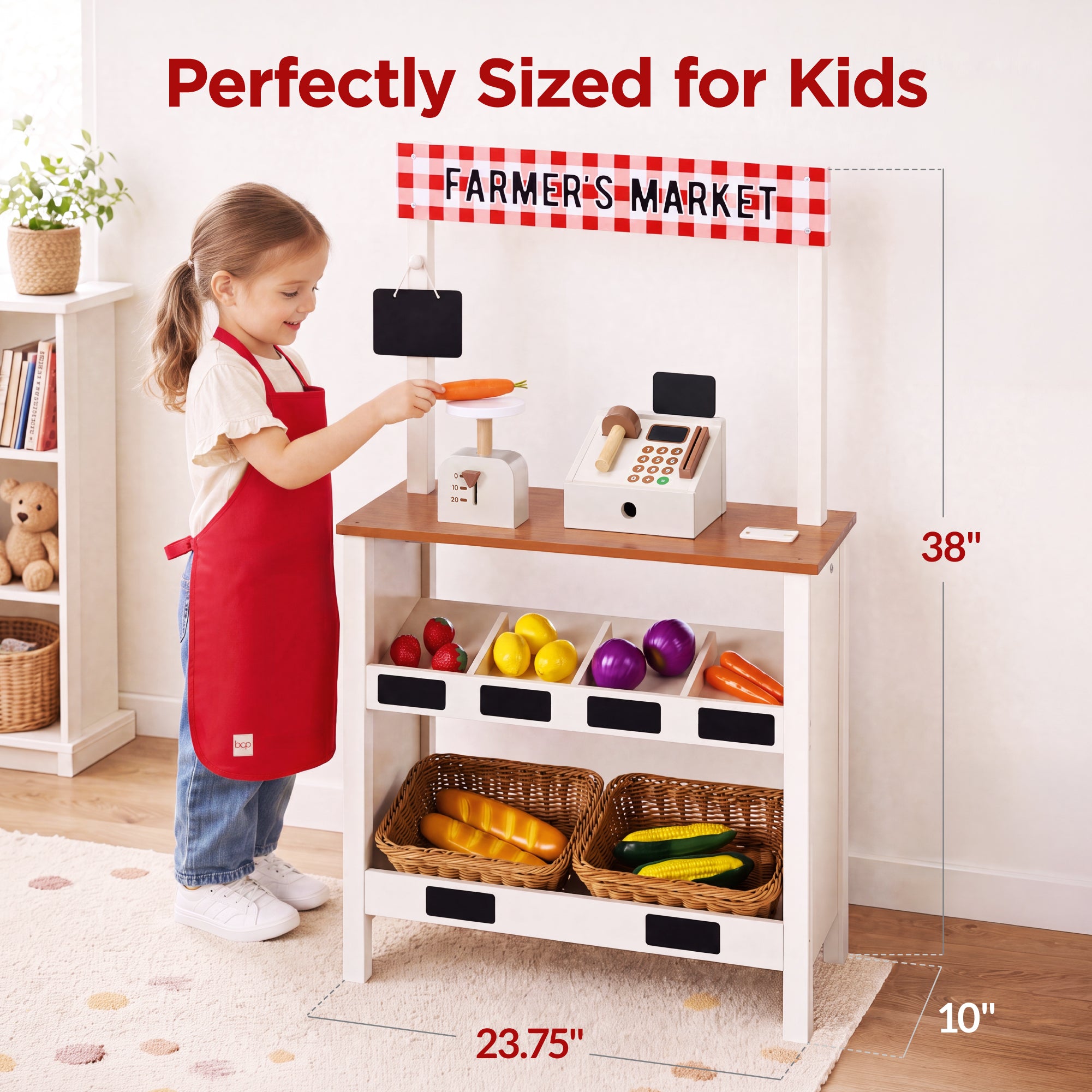 Wooden Farmers Market Stand for Kids w/ 22 Accessories, Play Grocery Store